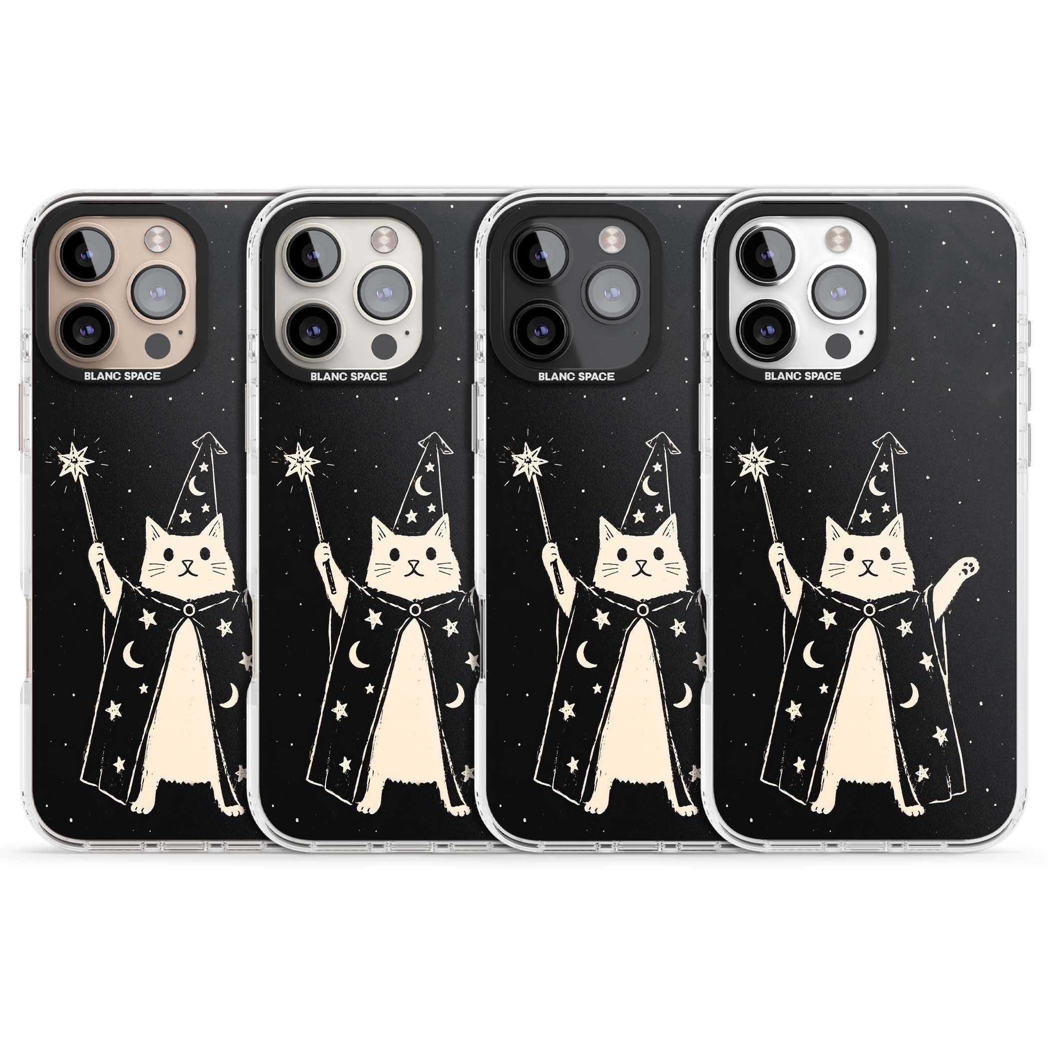 Whisker Wizard celestial cat iPhone case featuring a wizard cat with magic wand, starry night sky and crescent moons | Clear Impact case for iPhone 16 Pro, iPhone 16 Pro Max
