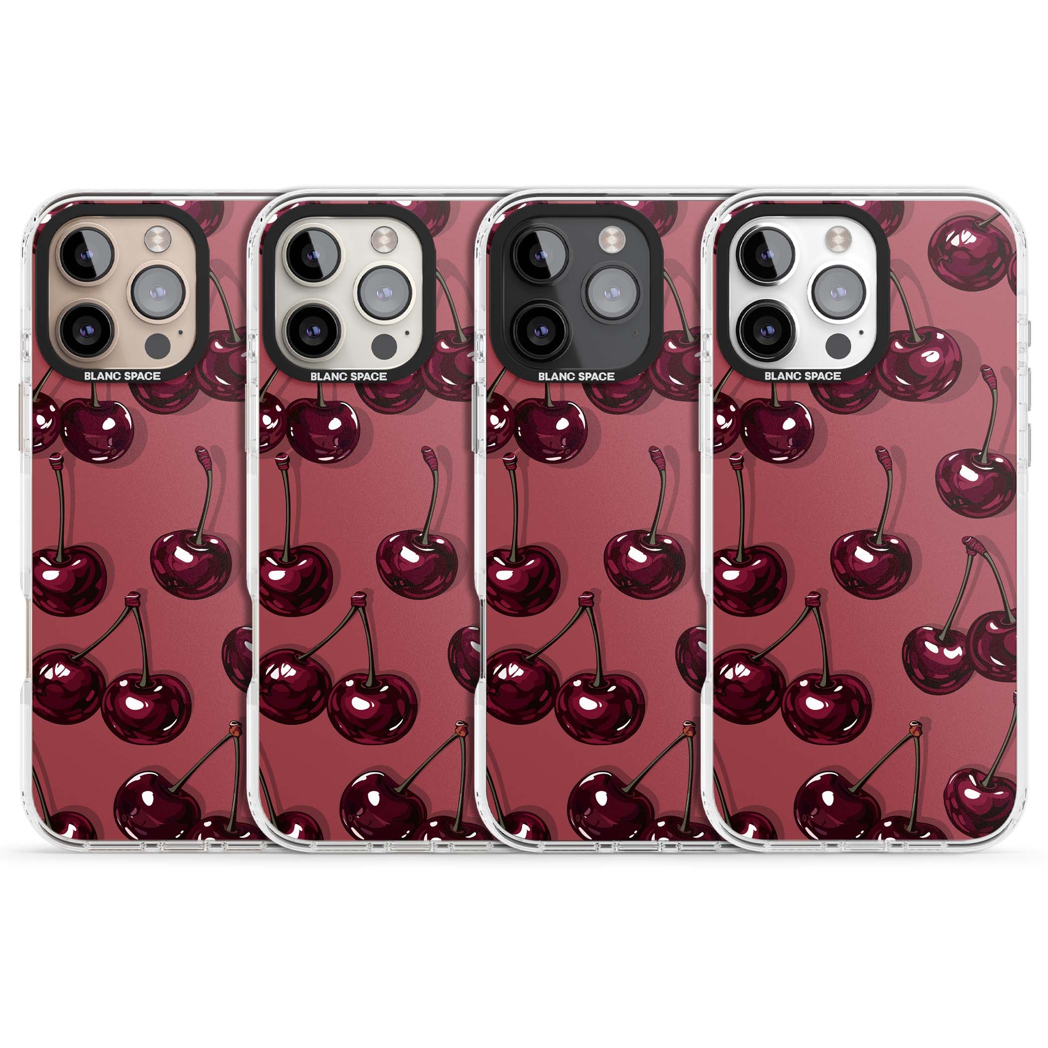 Cherry Rebel coquette iPhone case featuring glossy burgundy cherries on a dusty rose background | Clear Impact case for iPhone 16 Pro, iPhone 16 Pro Max