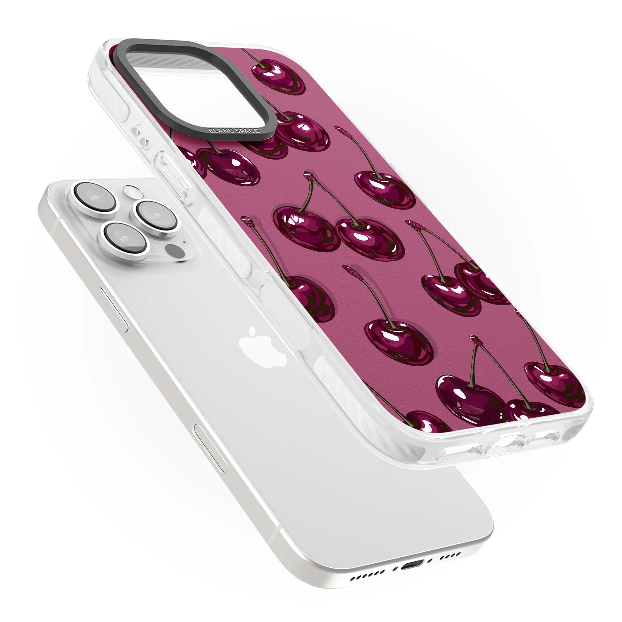 Cherry Soda coquette iPhone case featuring glossy burgundy cherries on a dusty pink background | Clear Impact case for iPhone 16 Pro, iPhone 16 Pro Max