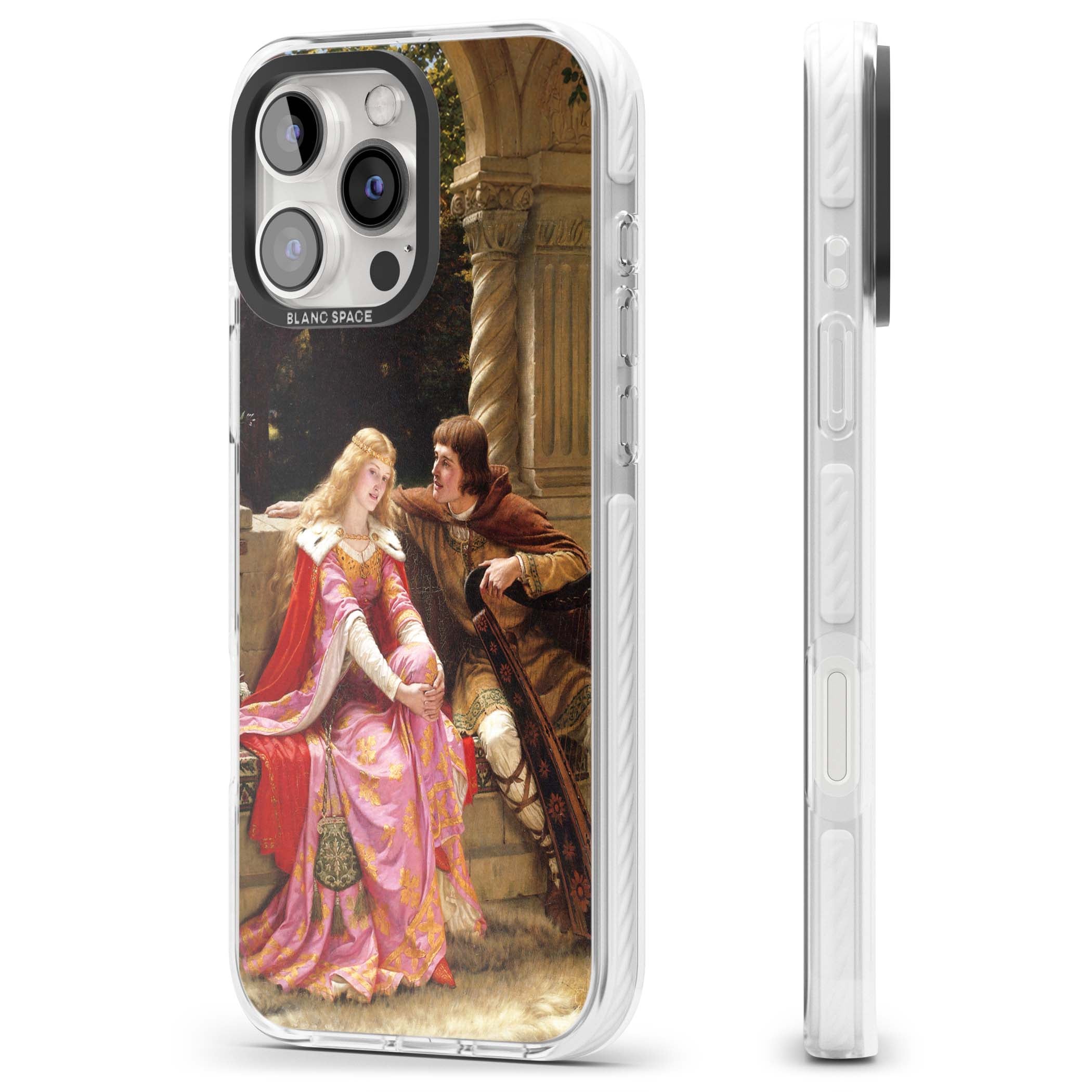 The End of the Song classic art iPhone case featuring a medieval lady in pink gown and her knight in a stone archway | Clear Impact case for iPhone 16 Pro, iPhone 16 Pro Max