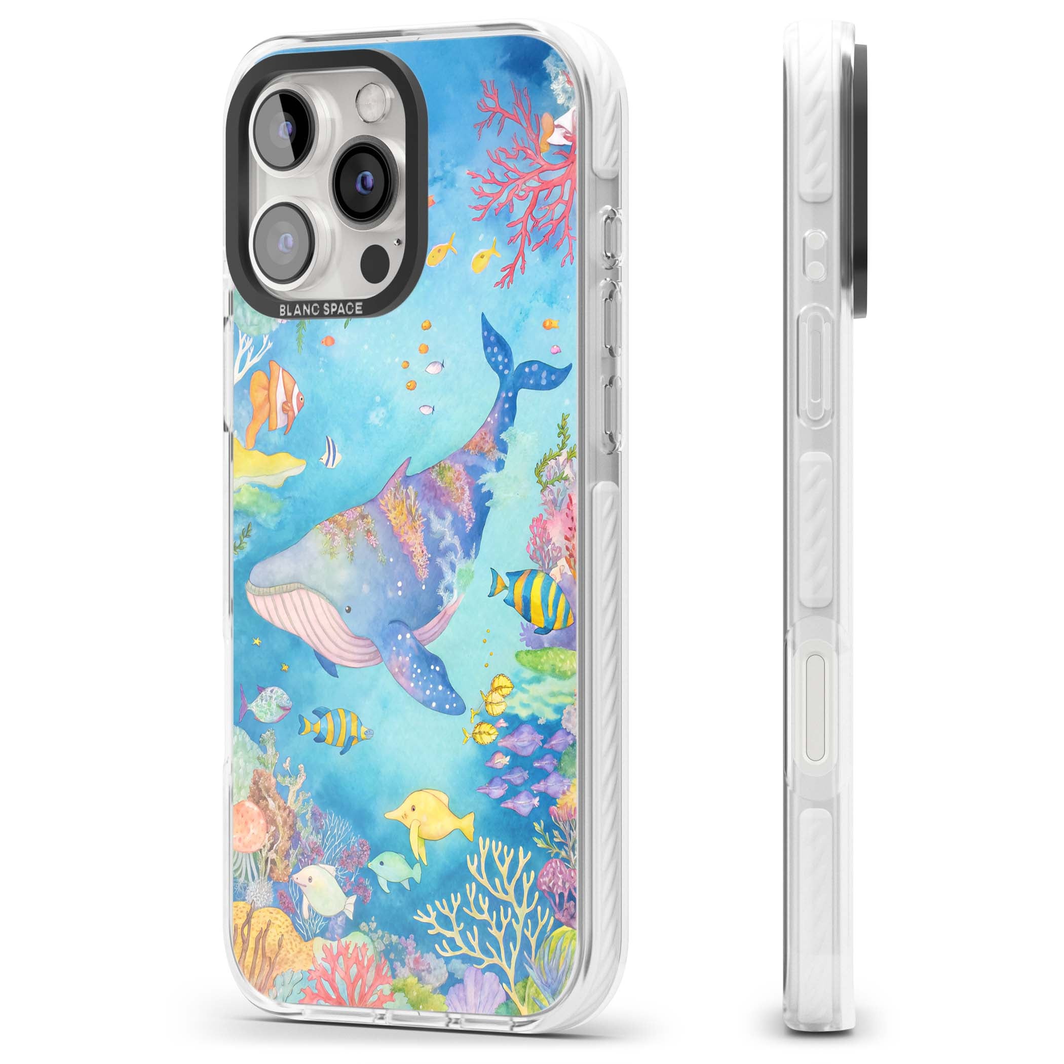 Coral Lagoon ocean iPhone case featuring a watercolour whale, coral reef and tropical fish | Clear Impact case for iPhone 16 Pro, iPhone 16 Pro Max
