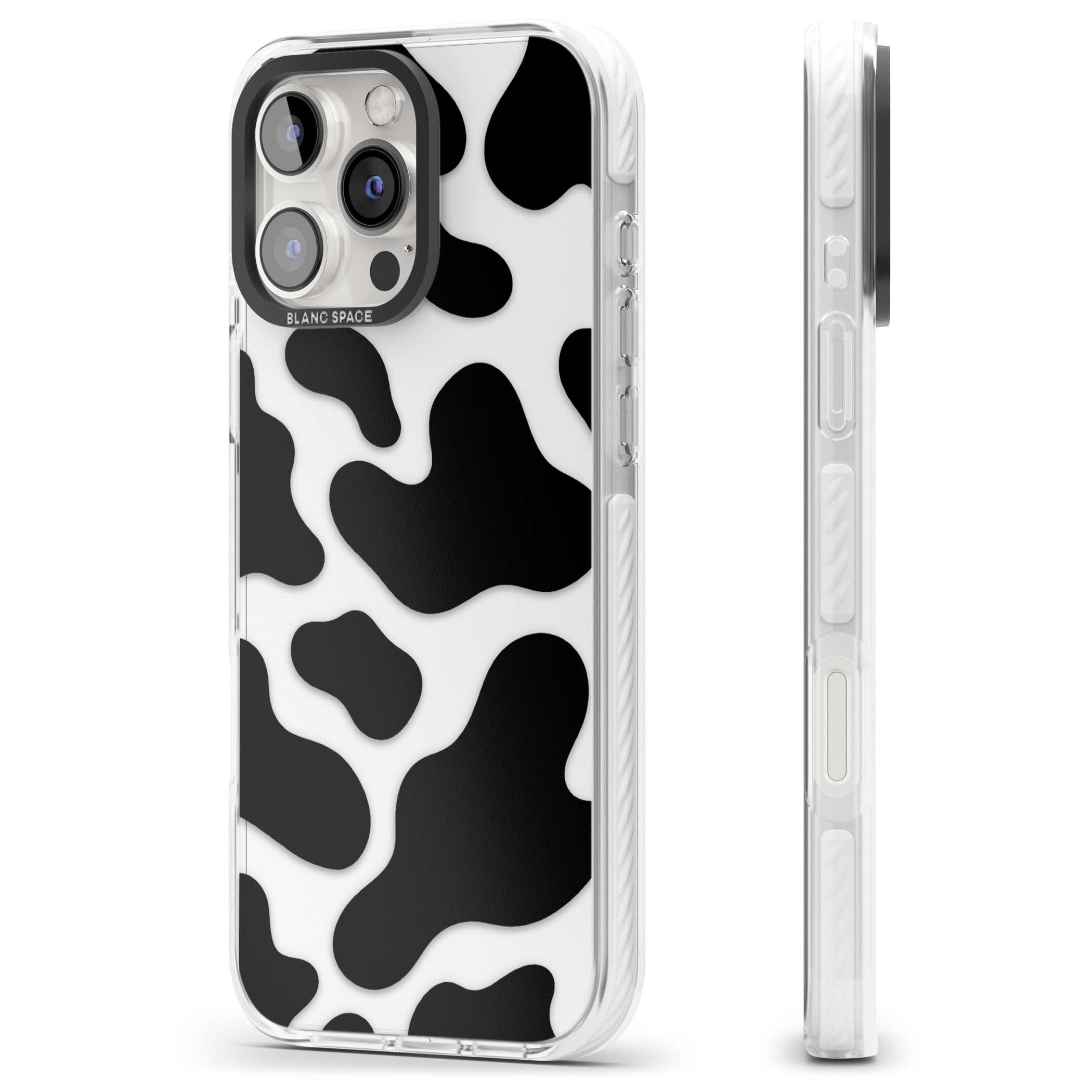 Clear Cow Print cow print iPhone case featuring black and white cow pattern splotches on a clear background | Clear Impact case for iPhone 16 Pro, iPhone 16 Pro Max