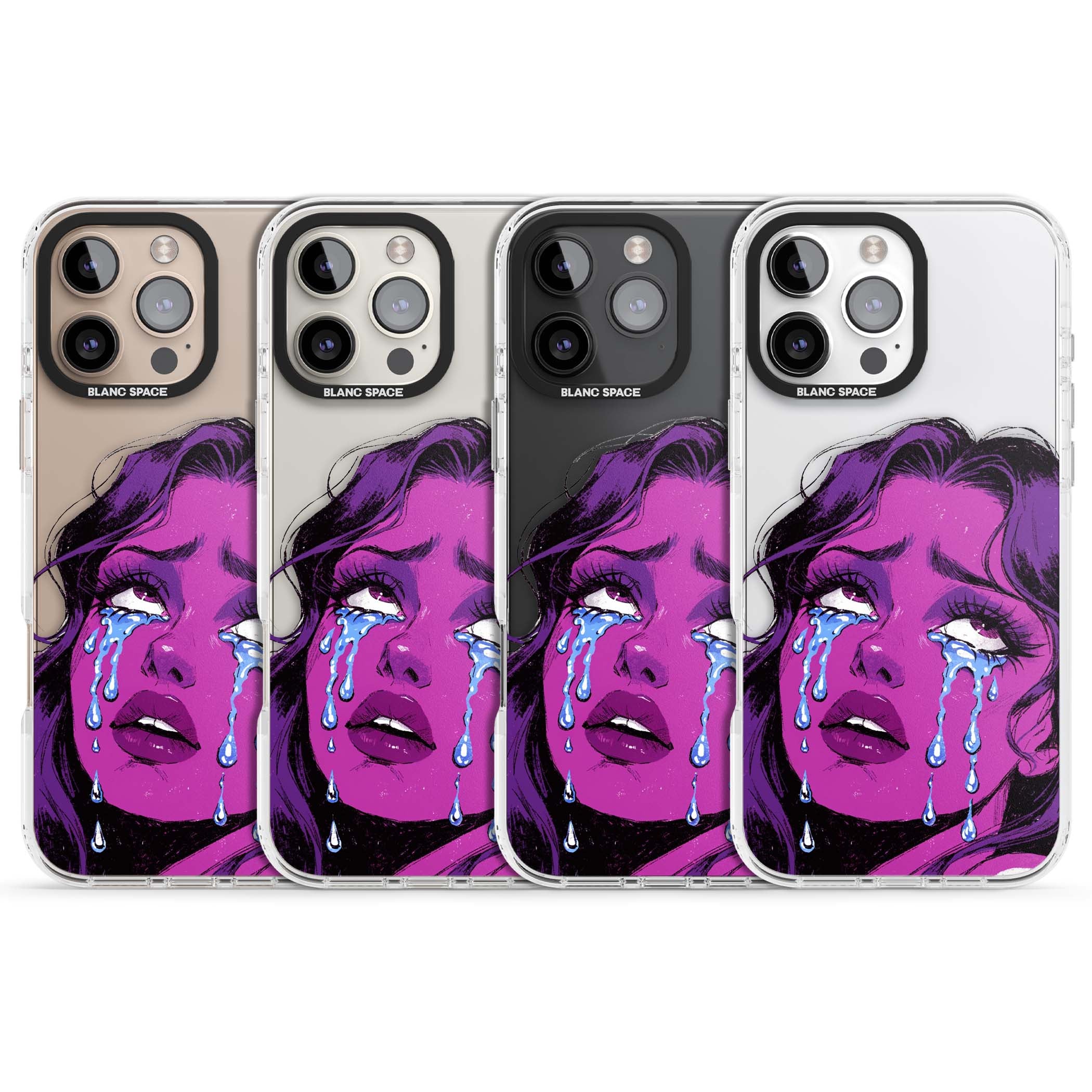 Drama Queen pop art iPhone case featuring a purple crying comic girl with blue tears | Clear Impact case for iPhone 16 Pro, iPhone 16 Pro Max