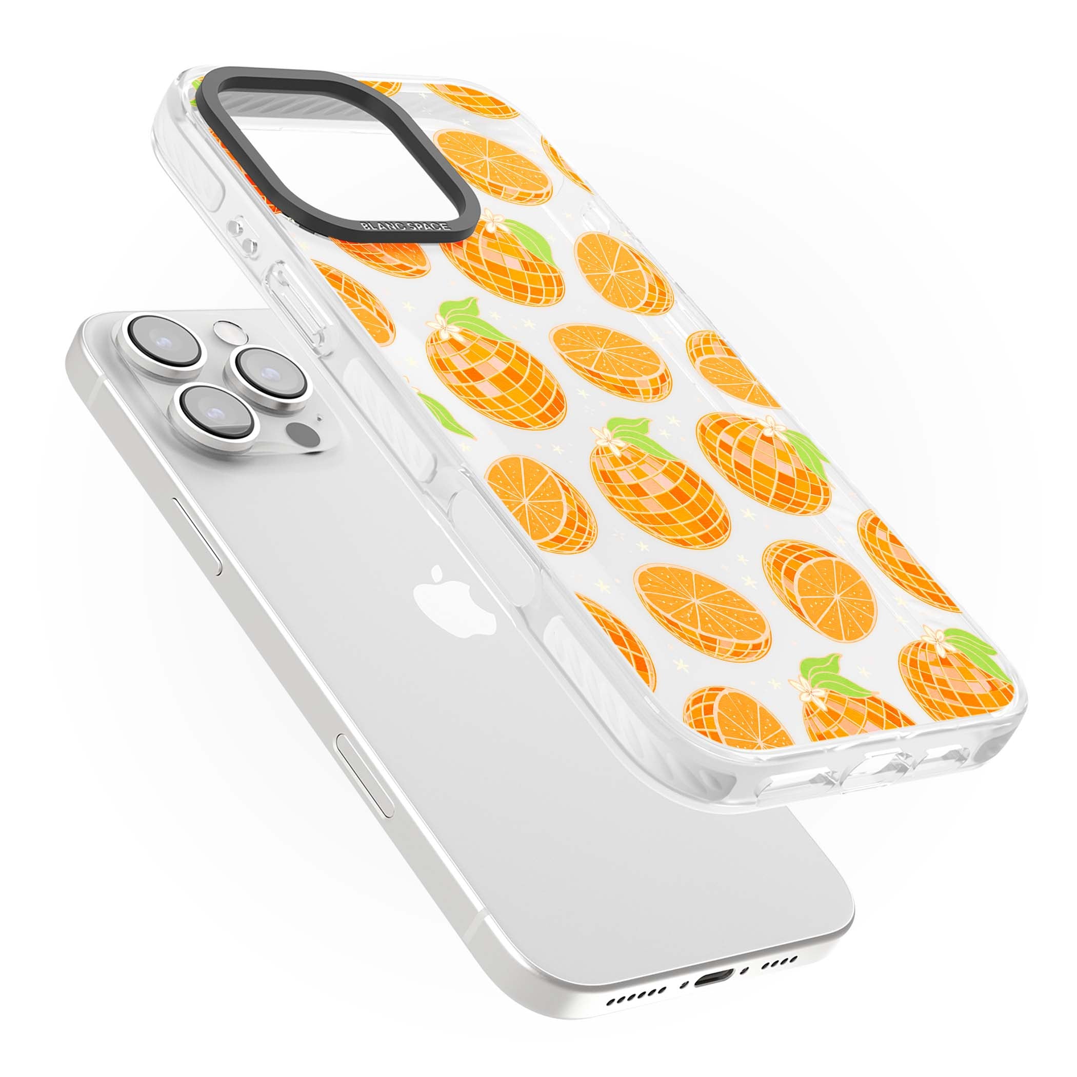 Disco Oranges retro iPhone case featuring mirrorball oranges, citrus slices and tiny blossoms on clear | Clear Impact case for iPhone 16 Pro, iPhone 16 Pro Max