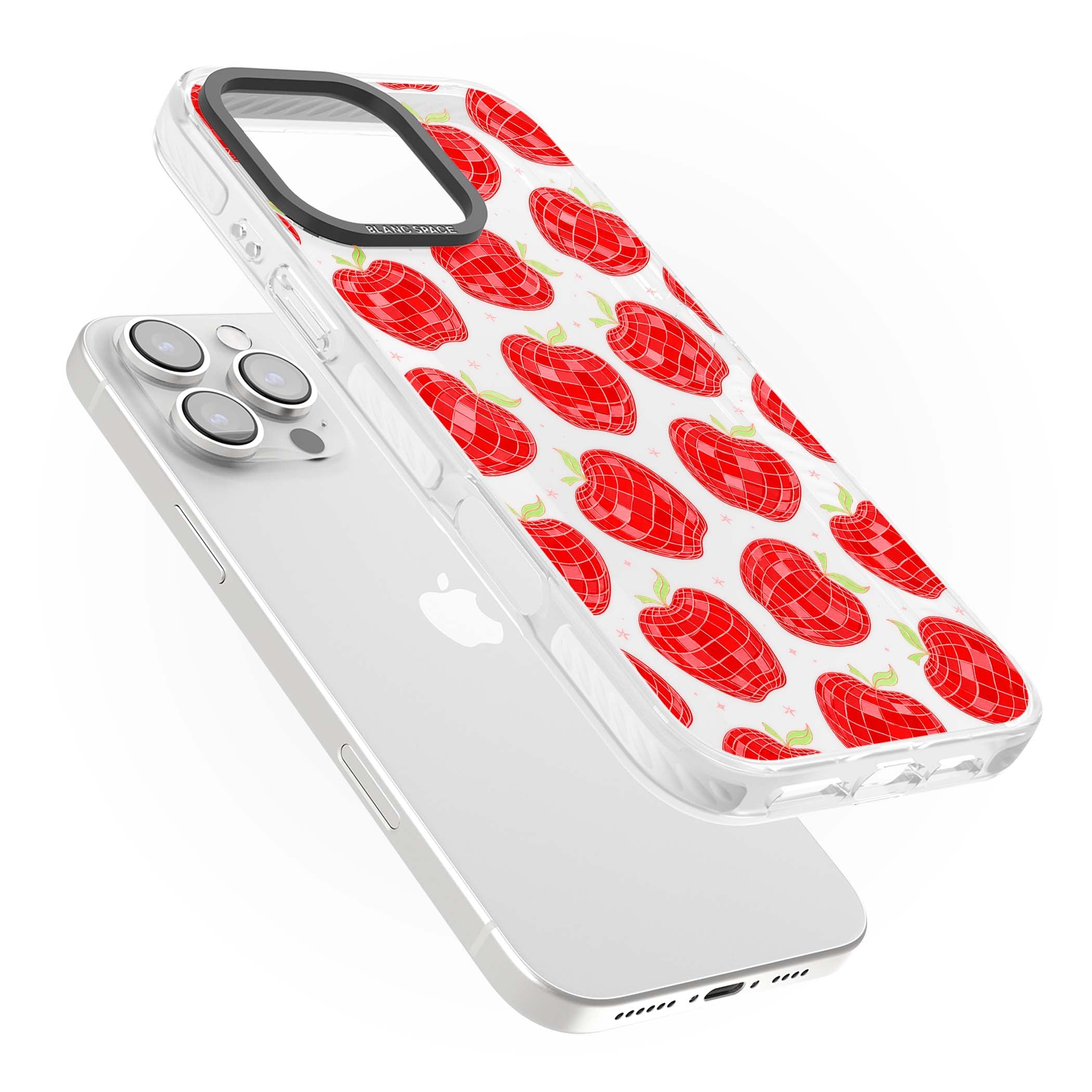 Disco Apples Y2K iPhone case featuring red disco ball apples, green leaves and pink sparkles on clear | Clear Impact case for iPhone 16 Pro, iPhone 16 Pro Max