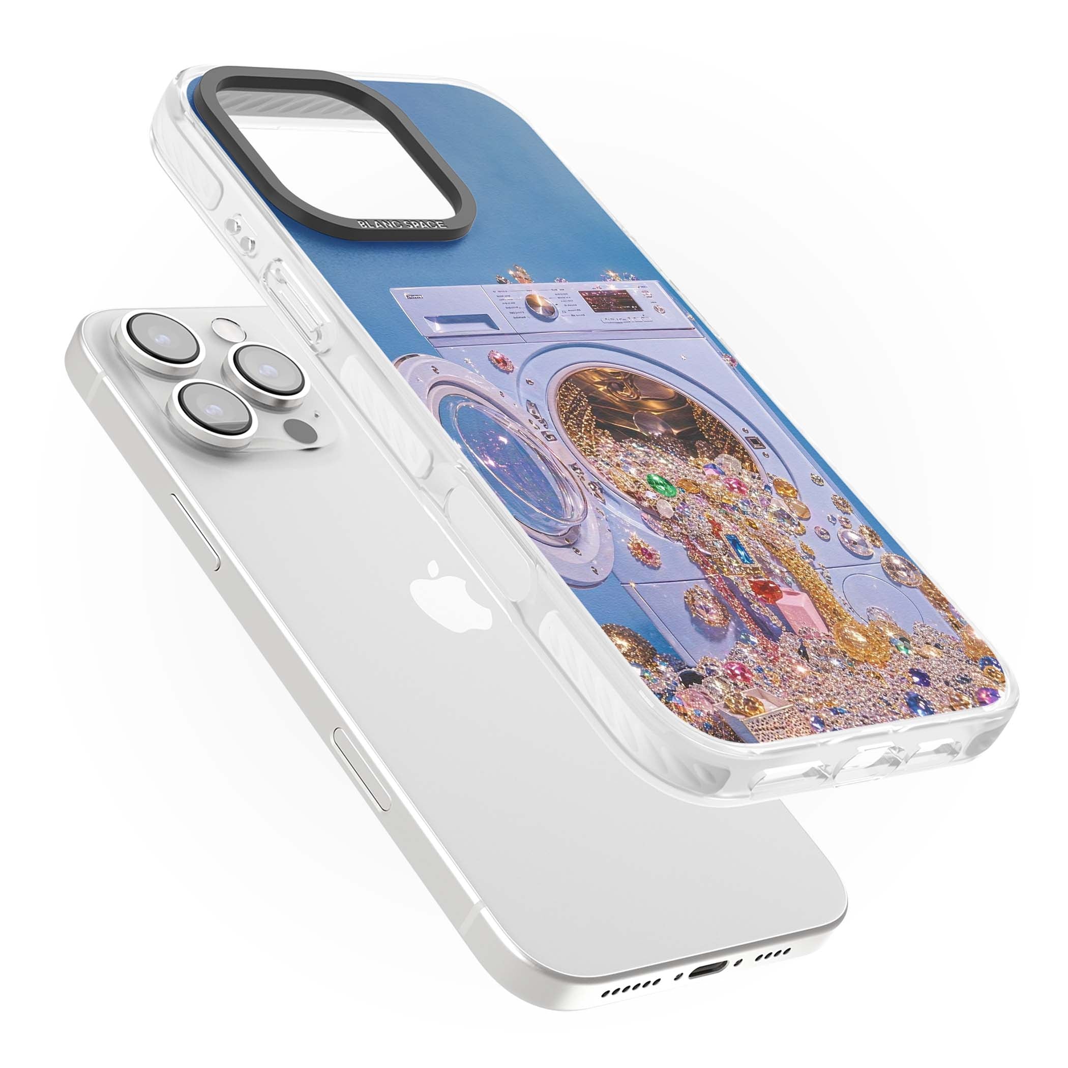 Gem Laundry baddie iPhone case featuring a surreal washing machine overflowing with colourful gemstones and crystals | Clear Impact case for iPhone 16 Pro, iPhone 16 Pro Max