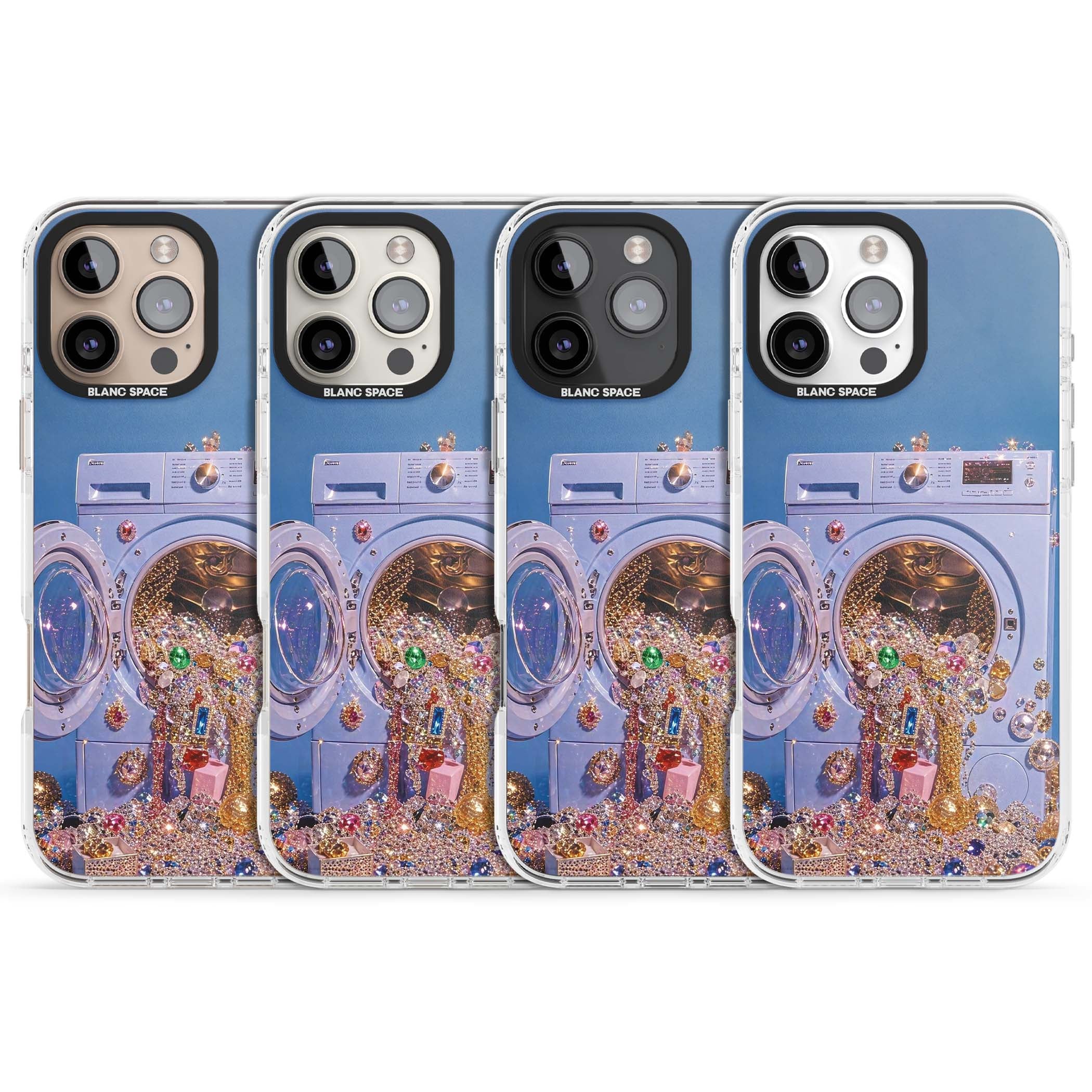Gem Laundry baddie iPhone case featuring a surreal washing machine overflowing with colourful gemstones and crystals | Clear Impact case for iPhone 16 Pro, iPhone 16 Pro Max