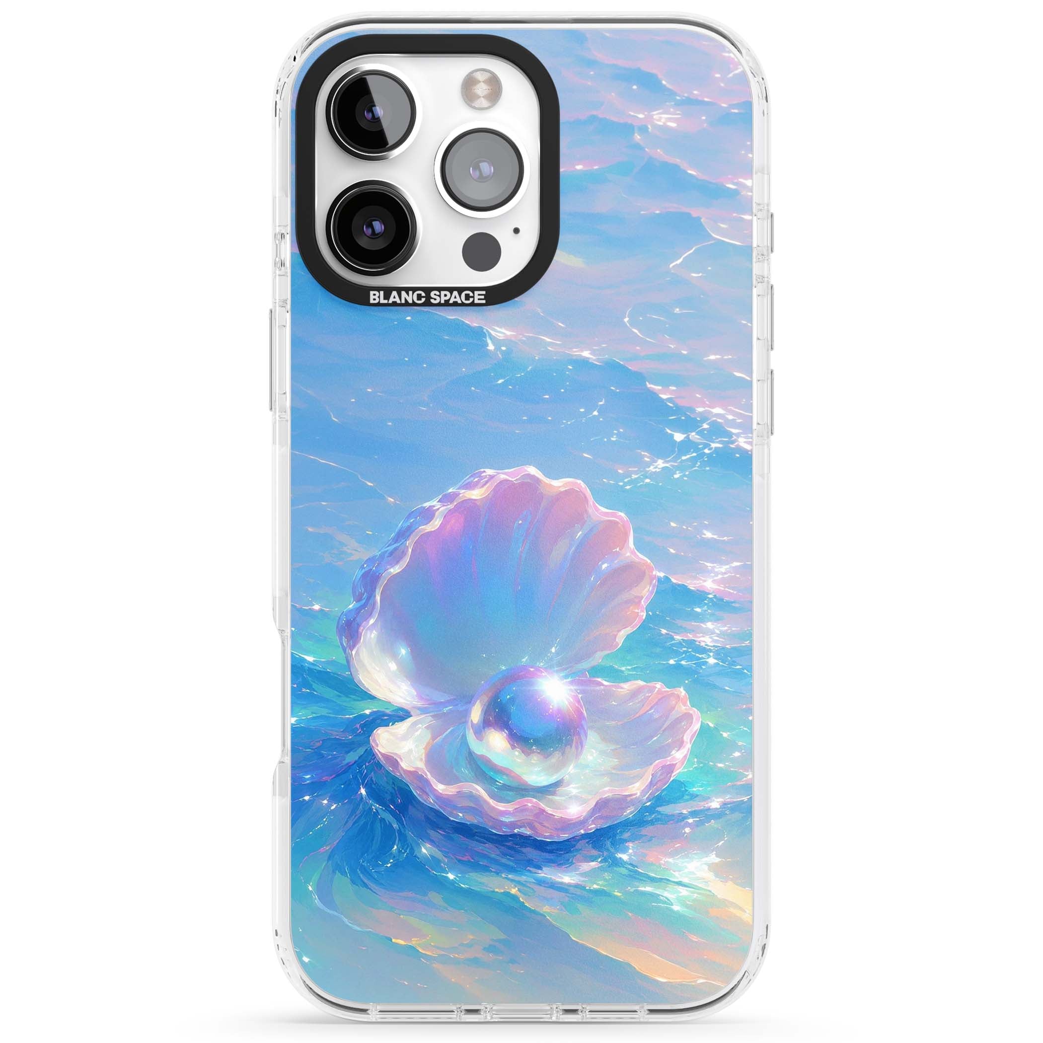 The Pearl Clam mermaidcore iPhone case featuring iridescent seashell, glowing pearl and pastel ocean waves | Clear Impact case for iPhone 16 Pro, iPhone 16 Pro Max