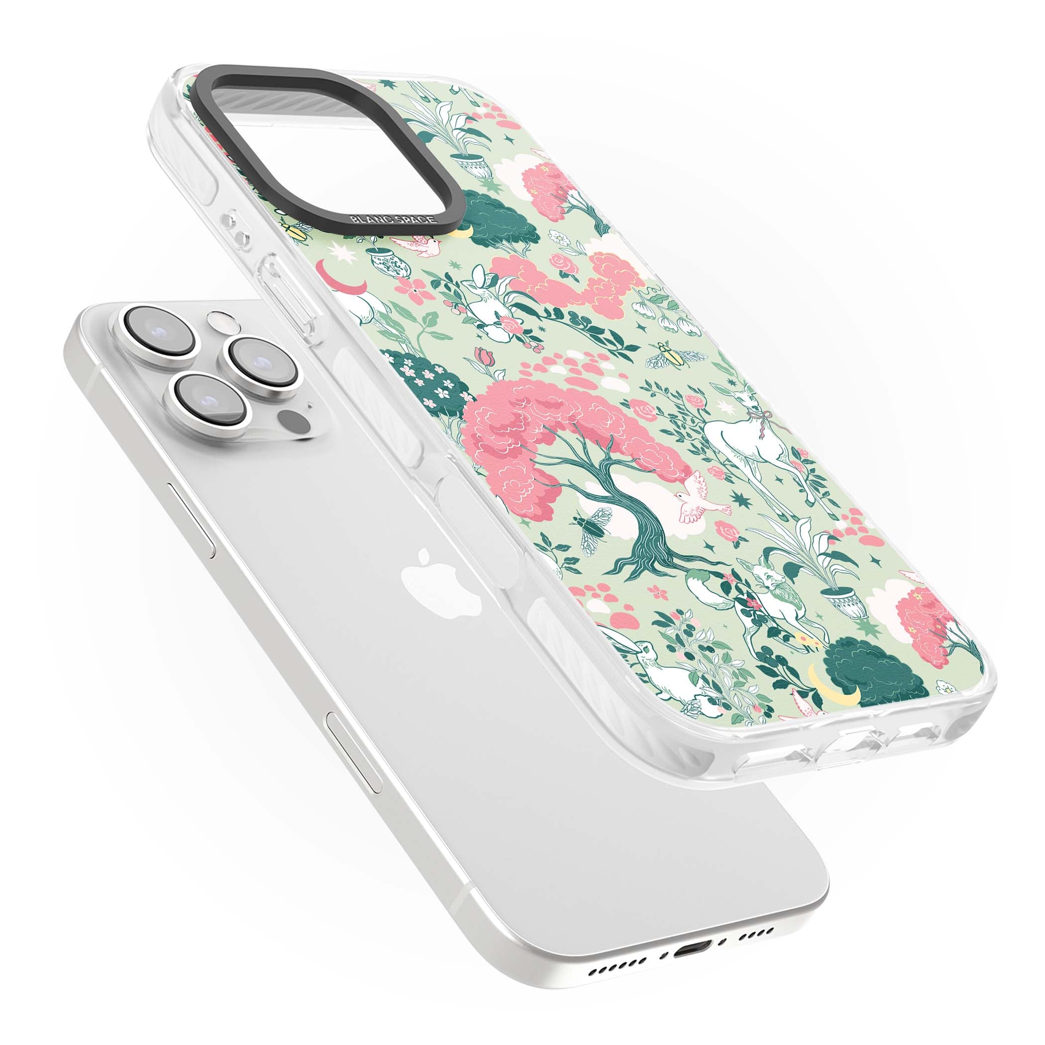 Enchanted Woodland cottagecore iPhone case featuring white deer, pink roses, mushrooms and woodland animals on sage green | Clear Impact case for iPhone 16 Pro, iPhone 16 Pro Max