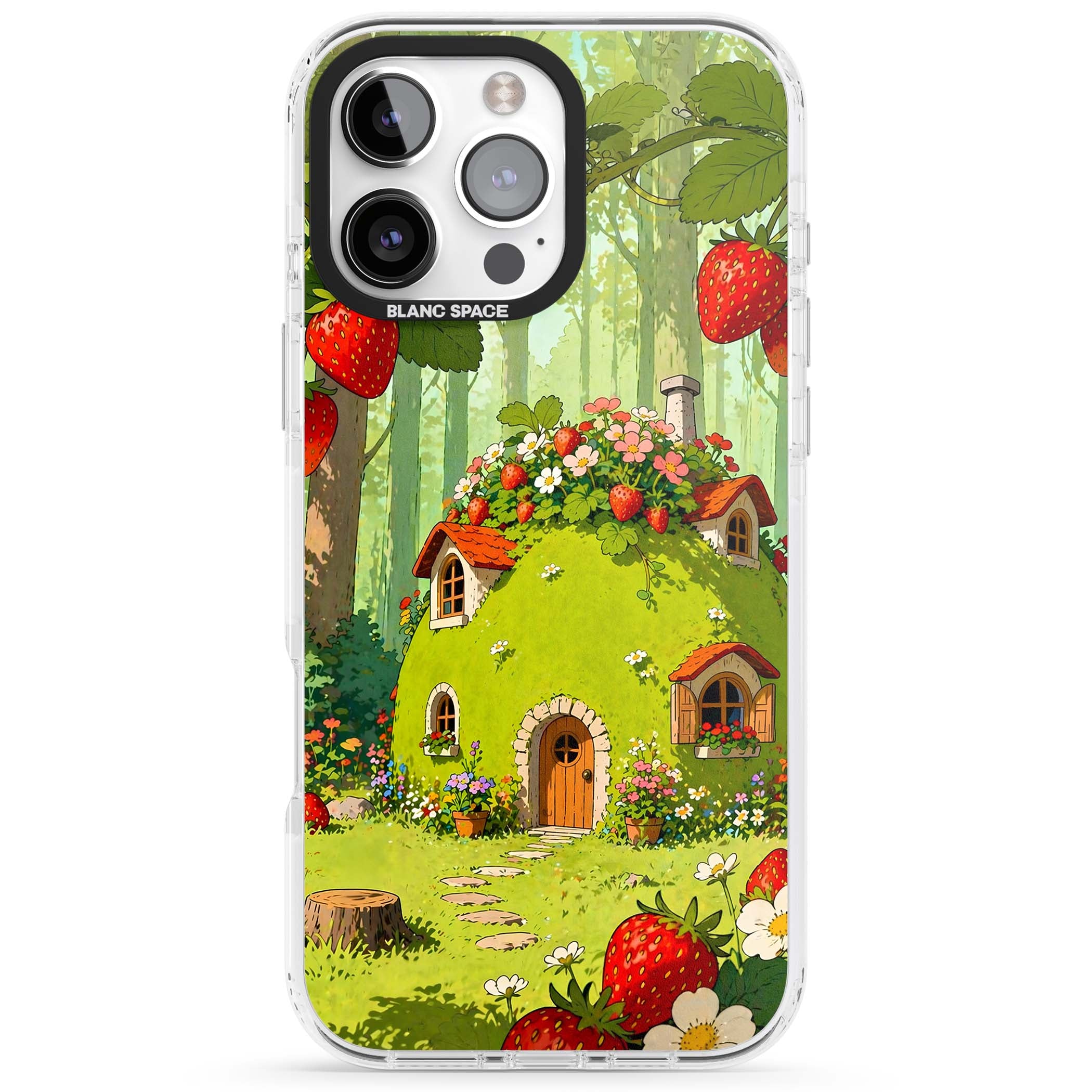 Strawberry Cottage cottagecore iPhone case featuring a green fairy house, wild strawberries and enchanted forest flowers | Clear Impact case for iPhone 16 Pro, iPhone 16 Pro Max