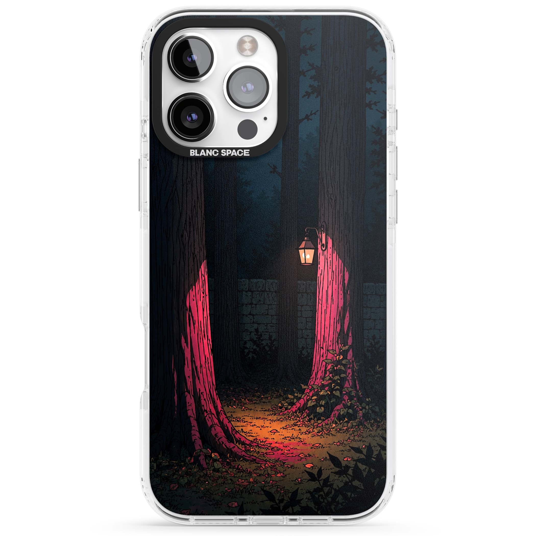 Forest Lantern dark academia iPhone case featuring a moonlit forest, glowing lantern, and stone wall pathway | Clear Impact case for iPhone 16 Pro, iPhone 16 Pro Max