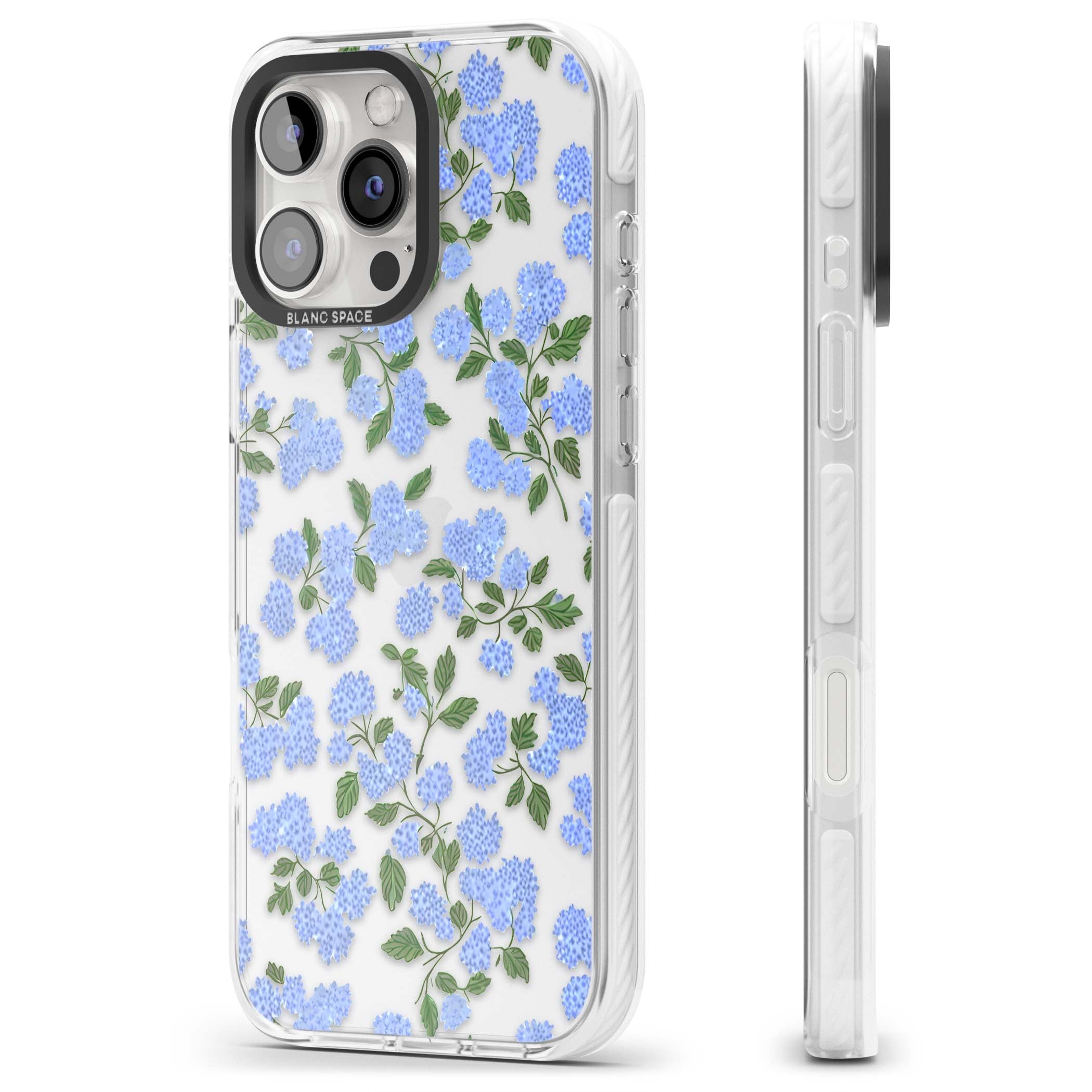 Hydrangea Dreams cottagecore iPhone case featuring soft blue hydrangea flower clusters and green leaves | Clear Impact case for iPhone 16 Pro, iPhone 16 Pro Max