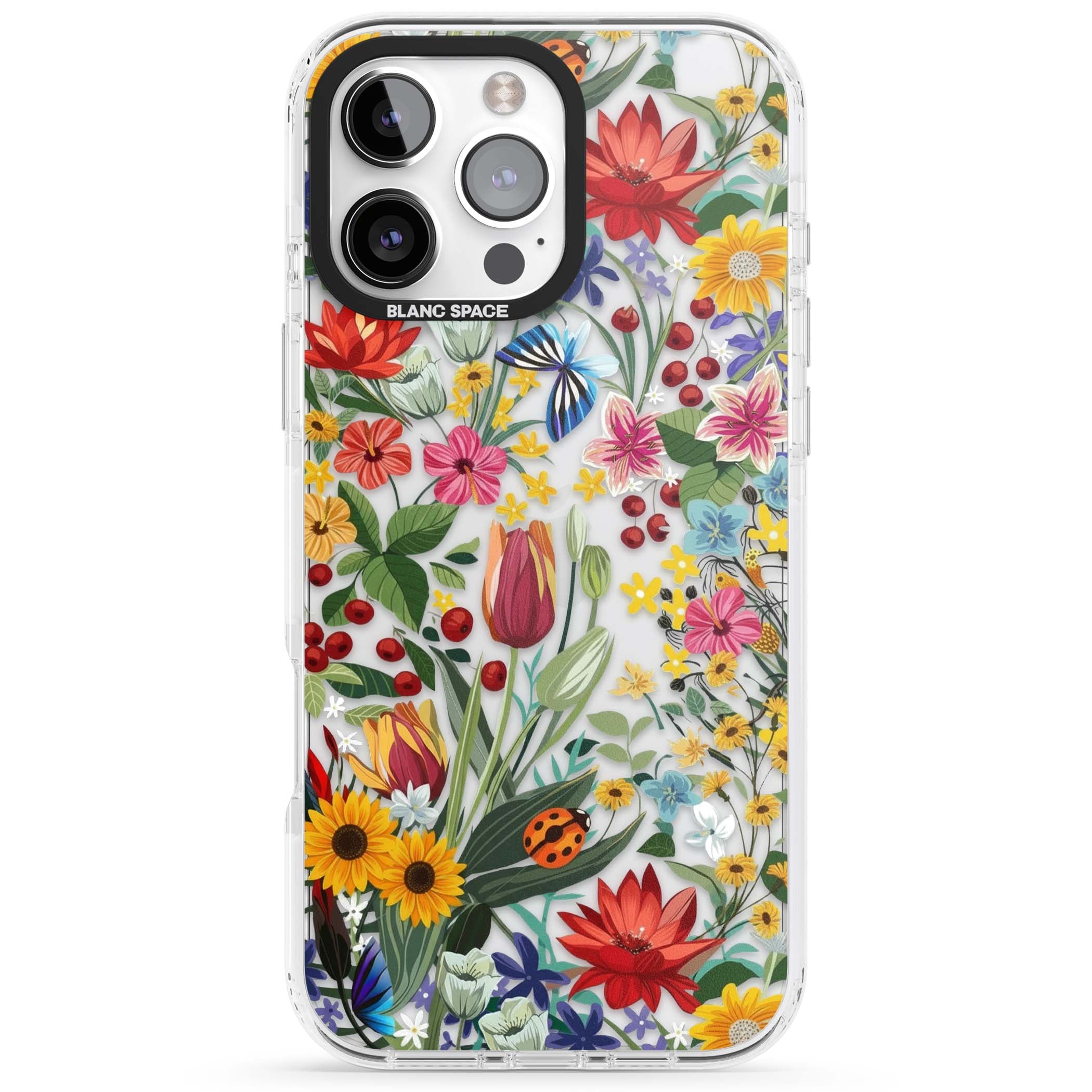 Botanical Bloom cottagecore iPhone case featuring colorful wildflowers, sunflowers, and ladybugs on clear background | Clear Impact case for iPhone 16 Pro, iPhone 16 Pro Max