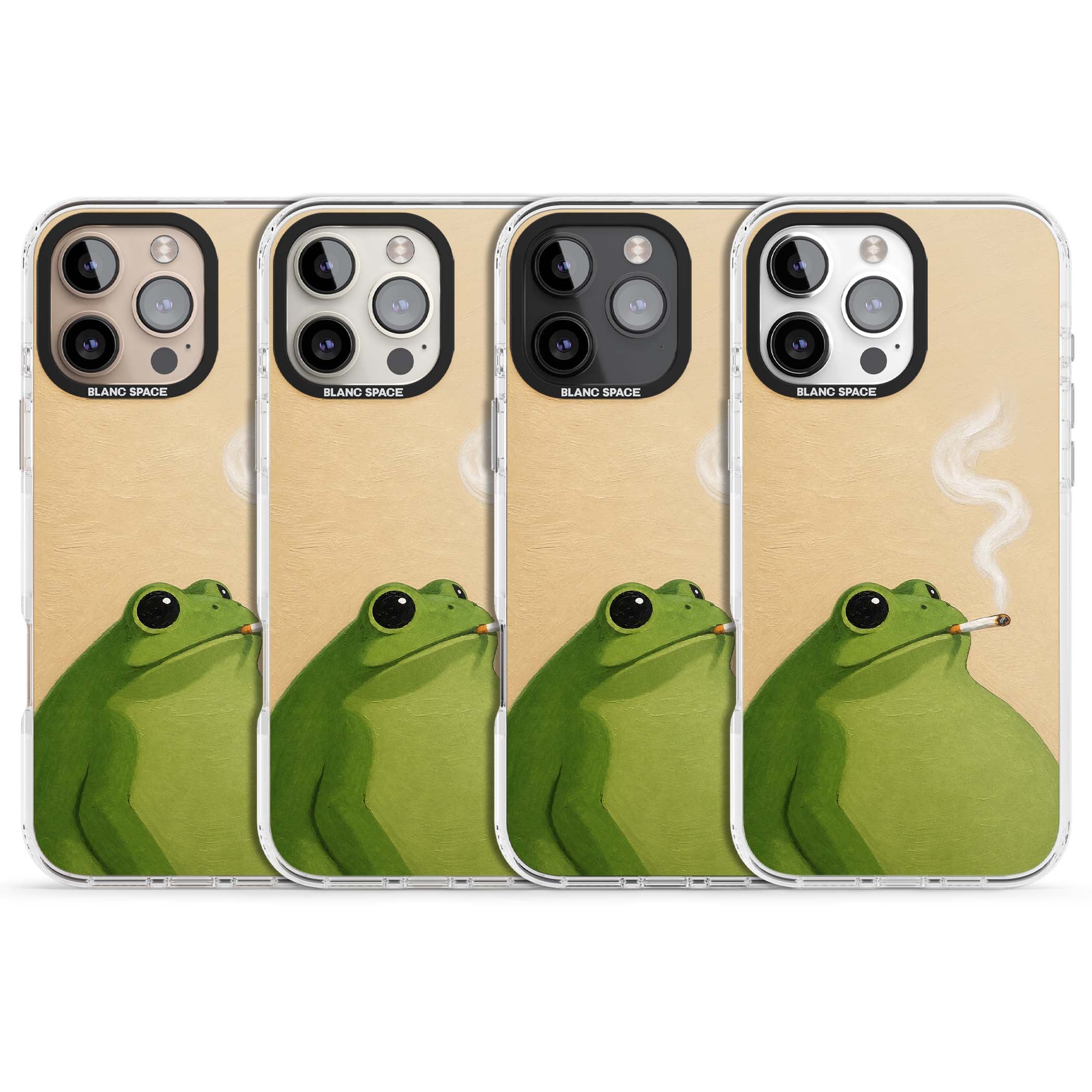 The Smoking Frog cottagecore iPhone case featuring a hand-painted green frog smoking a cigarette on a cream oil painting back | Clear Impact case for iPhone 16 Pro, iPhone 16 Pro Max