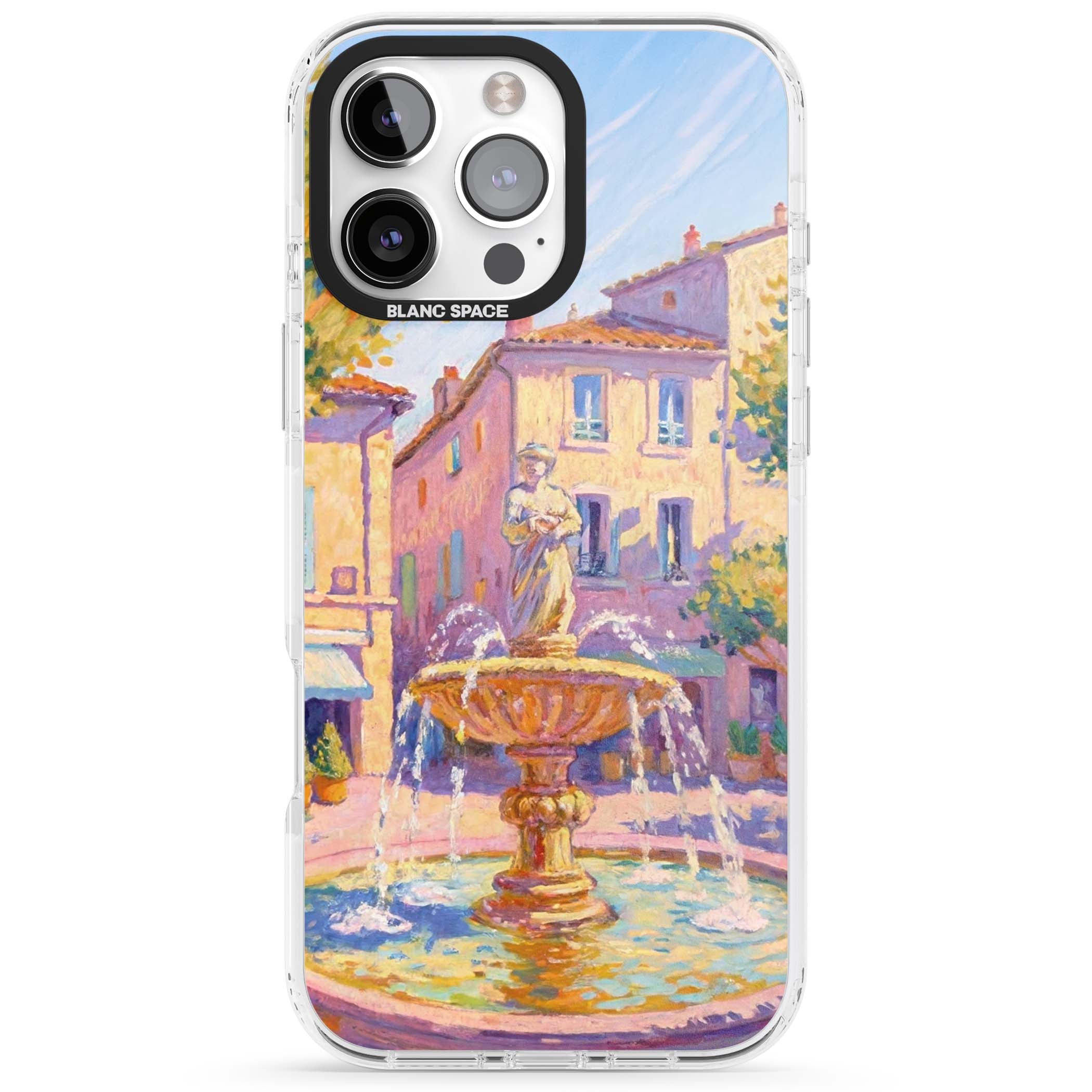 Fountain Square fine art iPhone case featuring an impressionist Provençal fountain, pastel village buildings and summe | Clear Impact case for iPhone 16 Pro, iPhone 16 Pro Max
