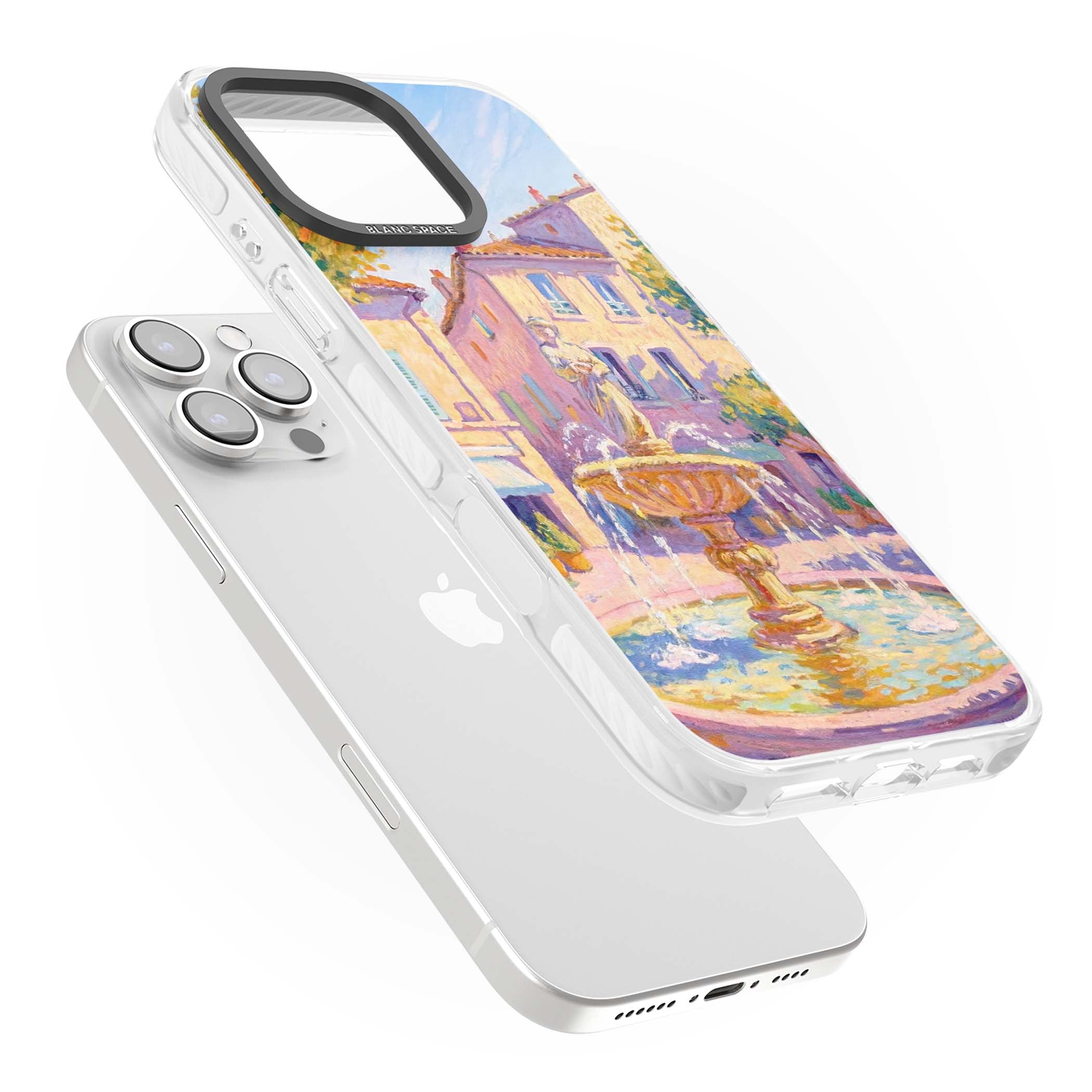 Fountain Square fine art iPhone case featuring an impressionist Provençal fountain, pastel village buildings and summe | Clear Impact case for iPhone 16 Pro, iPhone 16 Pro Max
