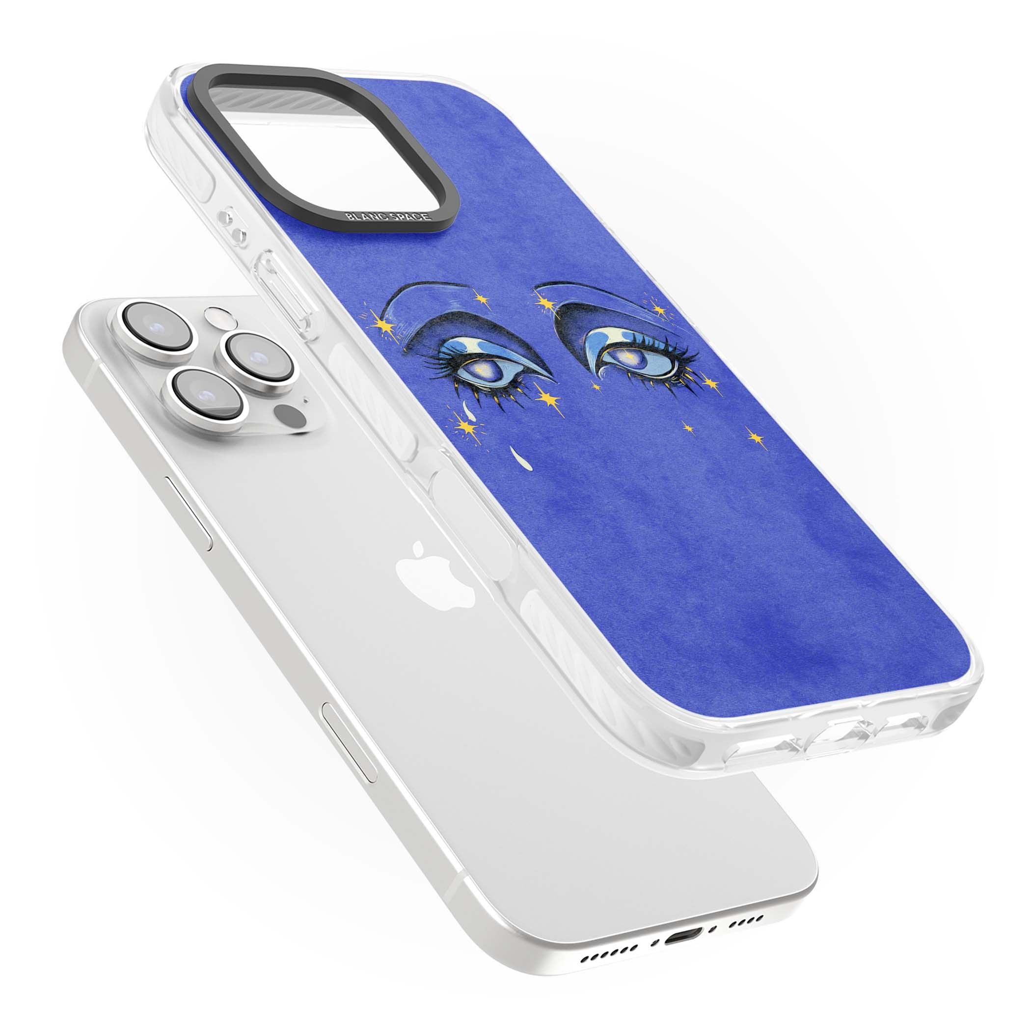 Blue Mystic Eyes celestial iPhone case featuring hand drawn blue mystical eyes, golden stars and a painted tear on indigo | Impact Magsafe case for iPhone 16 Pro, iPhone 16 Pro Max