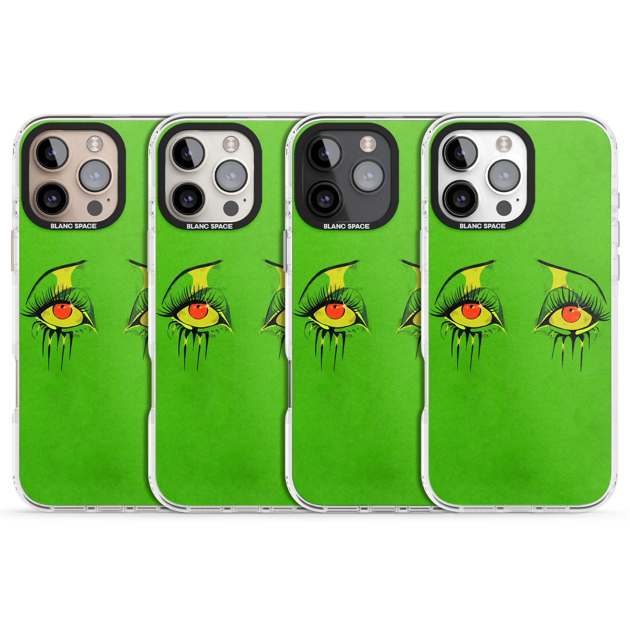 Green Enchanted Eyes psychedelic art iPhone case featuring hand-drawn dripping eyes on neon green background | Impact Magsafe case for iPhone 16 Pro, iPhone 16 Pro Max