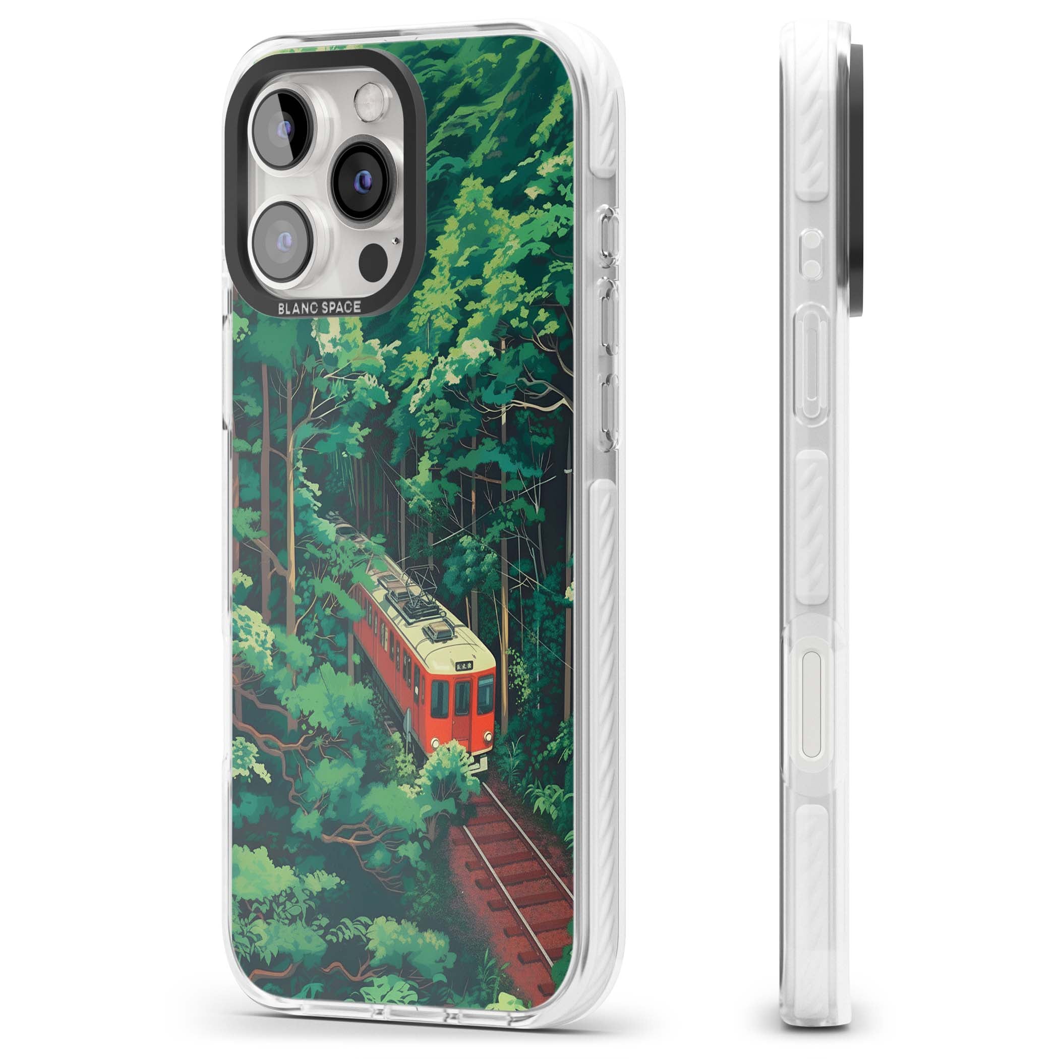Railway In Toyama Japanese iPhone case featuring a red train, cedar forest and winding mountain railway tracks | Impact Magsafe case for iPhone 16 Pro, iPhone 16 Pro Max
