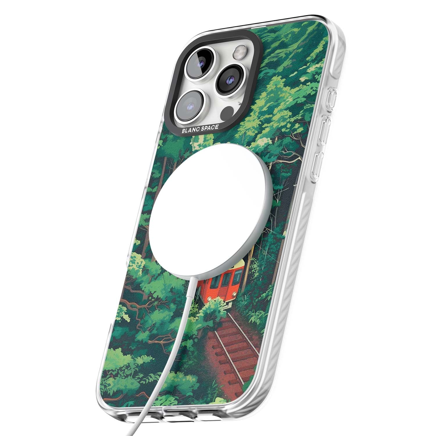 Railway In Toyama Japanese iPhone case featuring a red train, cedar forest and winding mountain railway tracks | Impact Magsafe case for iPhone 16 Pro, iPhone 16 Pro Max