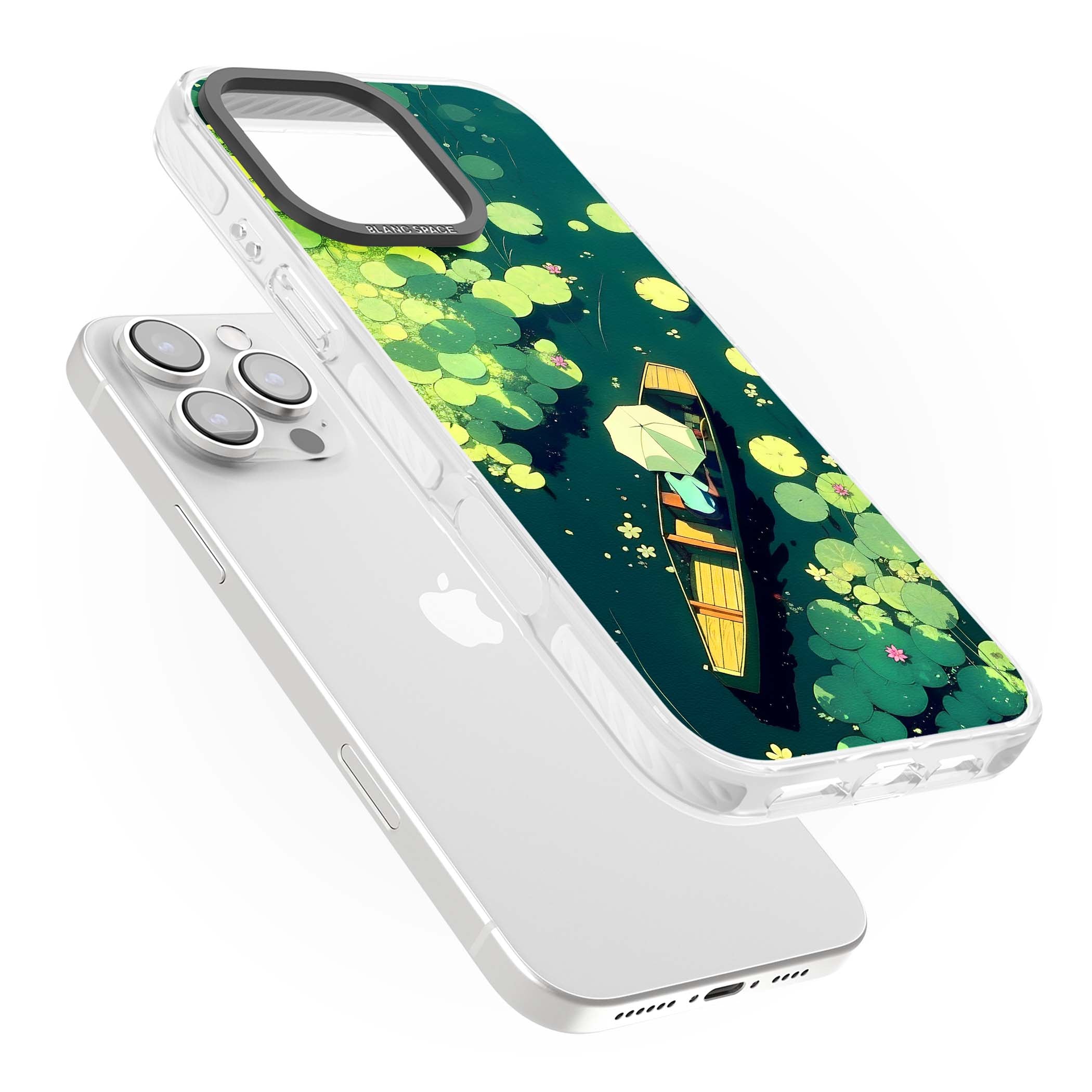 Jade Waters cottagecore iPhone case featuring a painted lily pond, wooden boat with parasol and floating water lilies | Impact Magsafe case for iPhone 16 Pro, iPhone 16 Pro Max