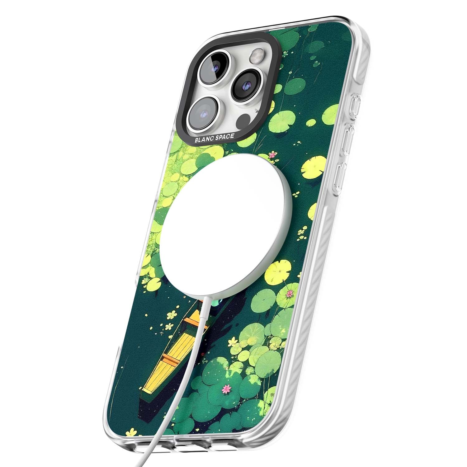 Jade Waters cottagecore iPhone case featuring a painted lily pond, wooden boat with parasol and floating water lilies | Impact Magsafe case for iPhone 16 Pro, iPhone 16 Pro Max