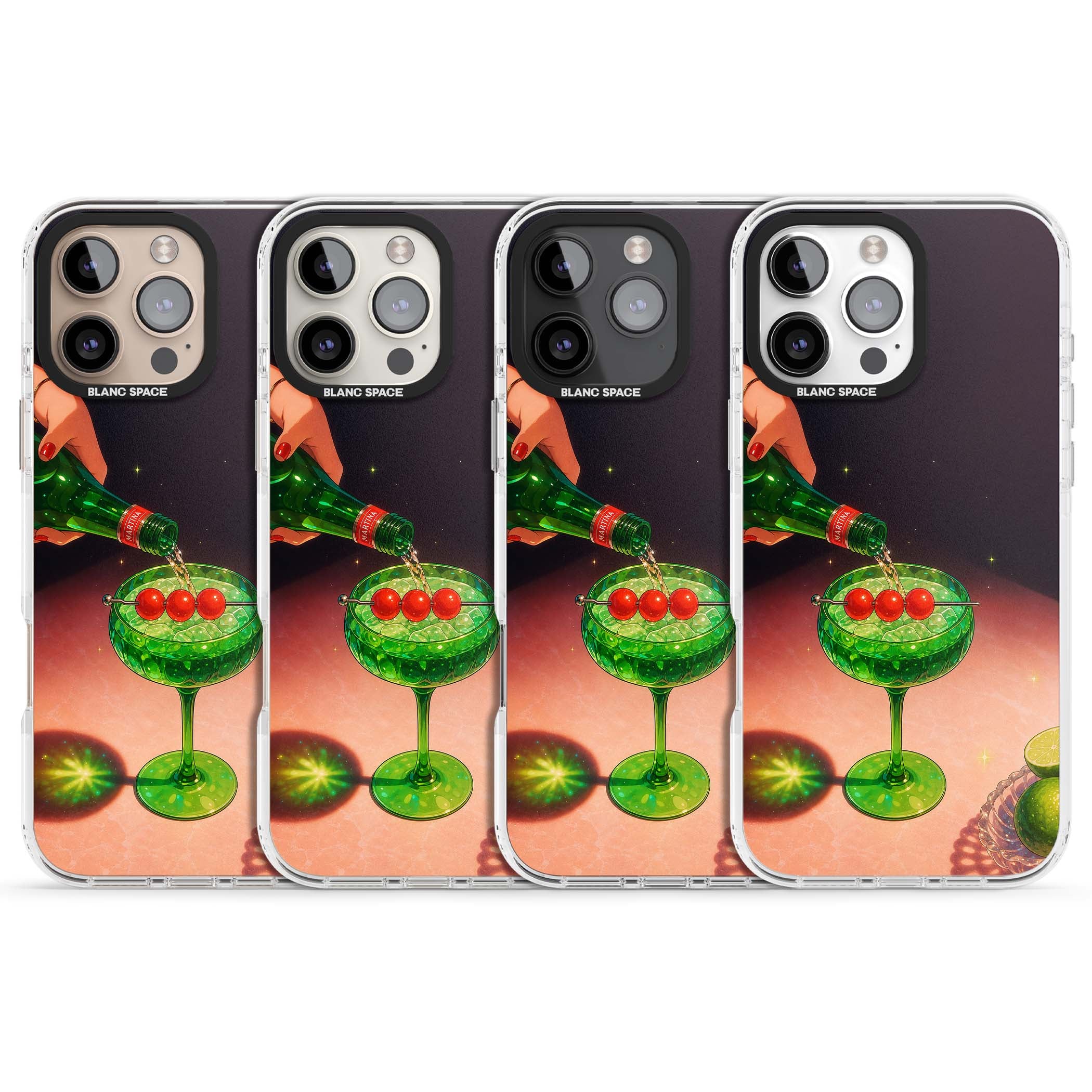 Absinthe Hour cocktail iPhone case featuring a green coupe glass, cherry garnish and vintage bottle pour illustration | Impact Magsafe case for iPhone 16 Pro, iPhone 16 Pro Max
