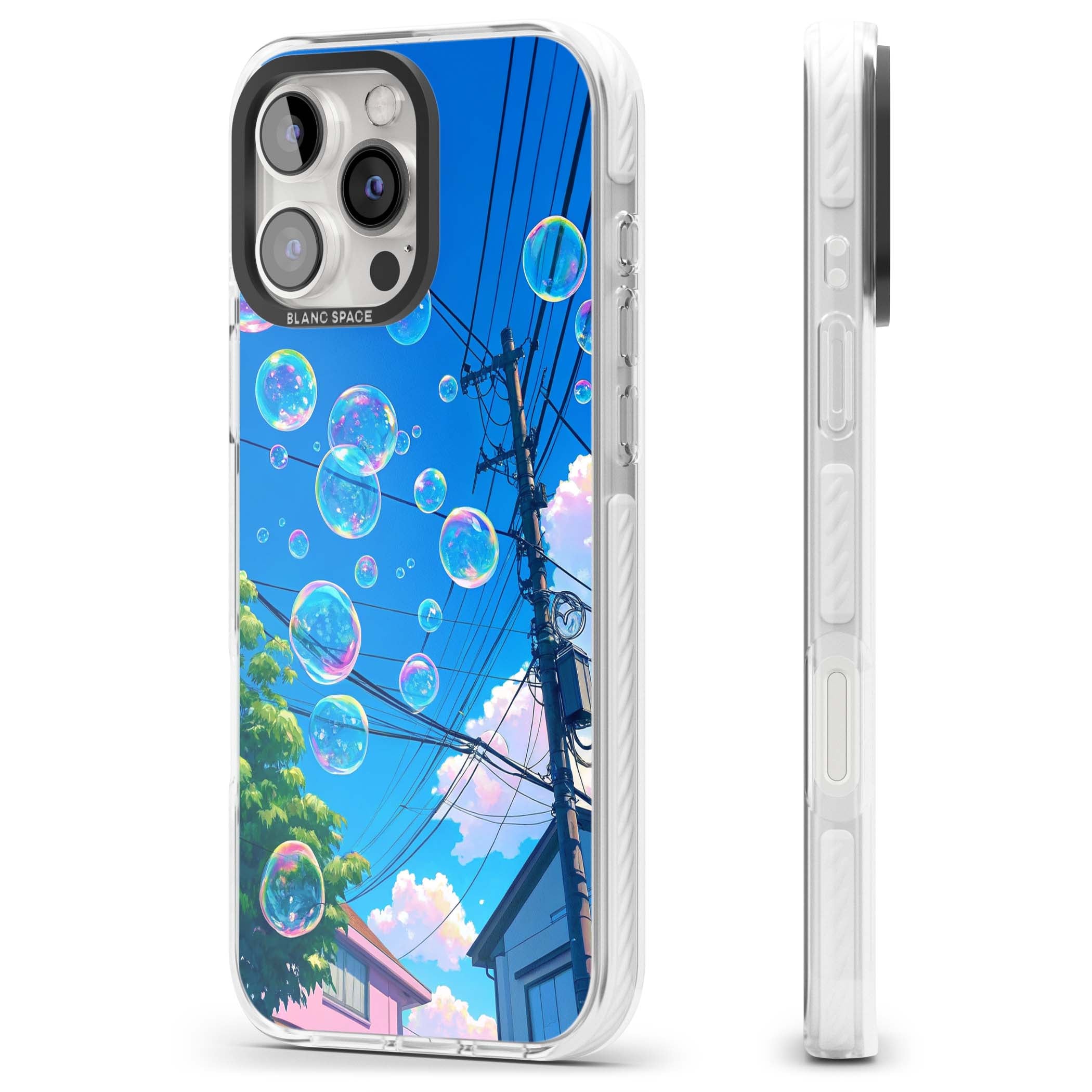 Suburban Bubbles anime iPhone case featuring iridescent soap bubbles, blue sky and Japanese telephone wires | Impact Magsafe case for iPhone 16 Pro, iPhone 16 Pro Max