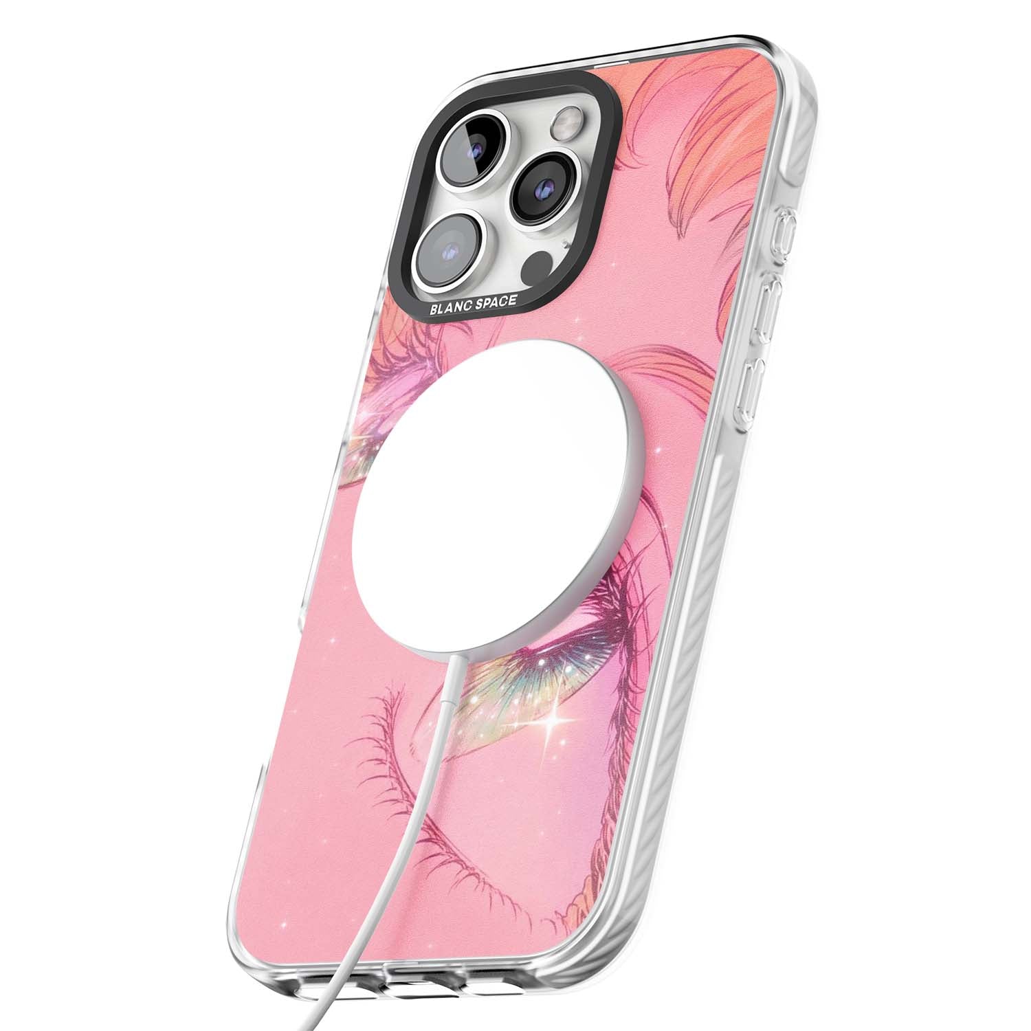 Pink Ethereal Gaze anime iPhone case featuring sparkling manga eyes, coral lashes and dreamy peach sky | Impact Magsafe case for iPhone 16 Pro, iPhone 16 Pro Max