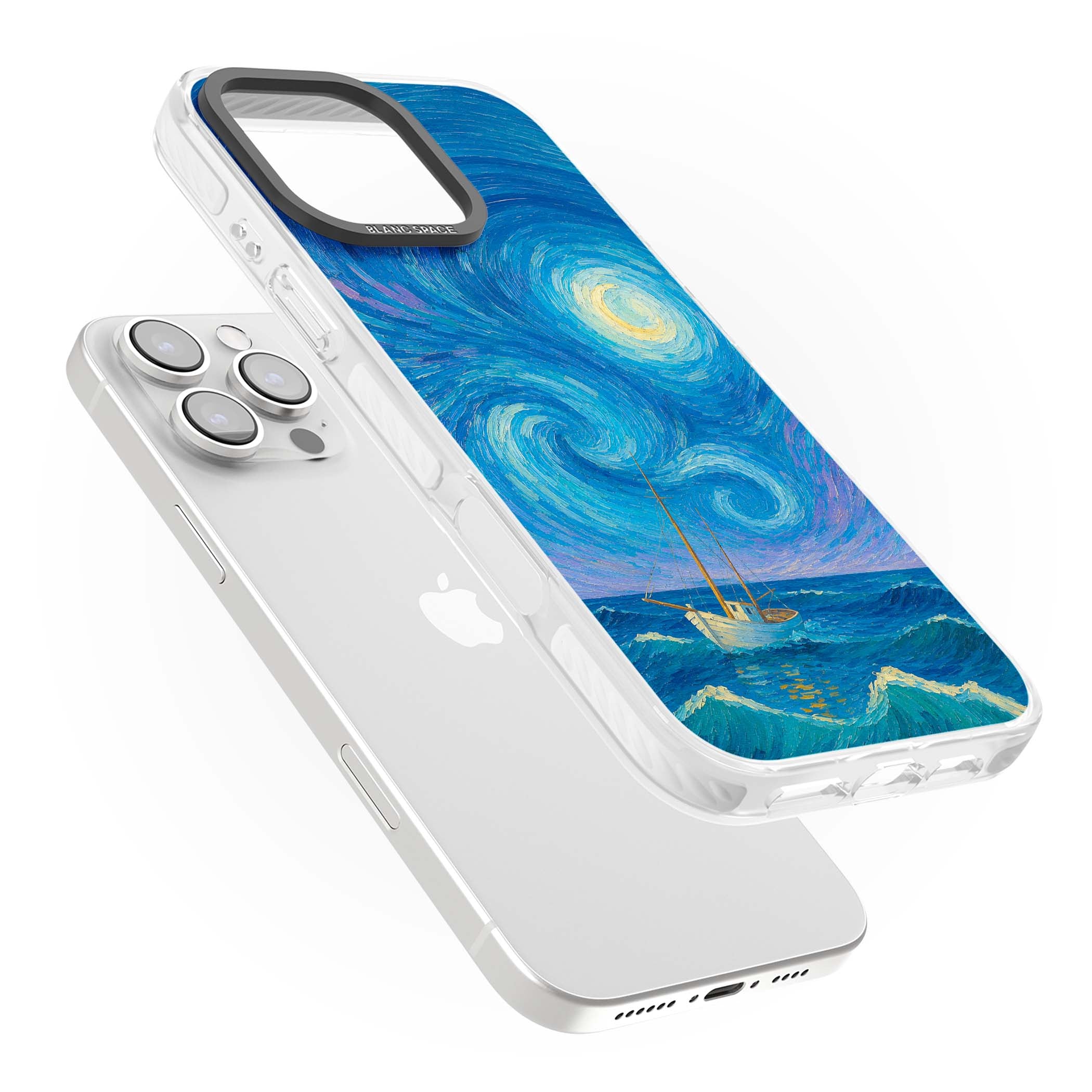 Moonlit Tide Van Gogh art iPhone case featuring swirling starry night sky, glowing moon and lone sailing boat at sea | Impact Magsafe case for iPhone 16 Pro, iPhone 16 Pro Max