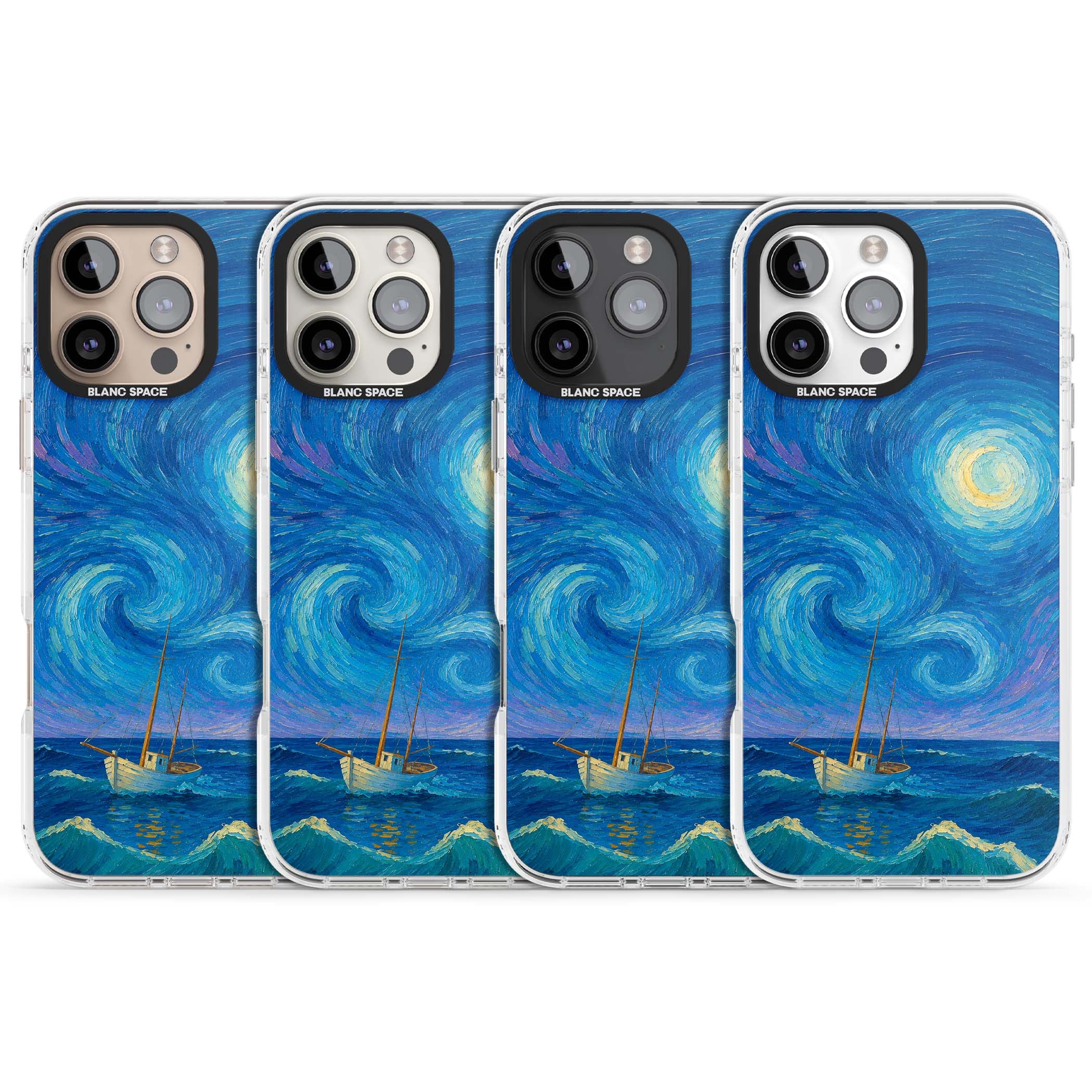 Moonlit Tide Van Gogh art iPhone case featuring swirling starry night sky, glowing moon and lone sailing boat at sea | Impact Magsafe case for iPhone 16 Pro, iPhone 16 Pro Max