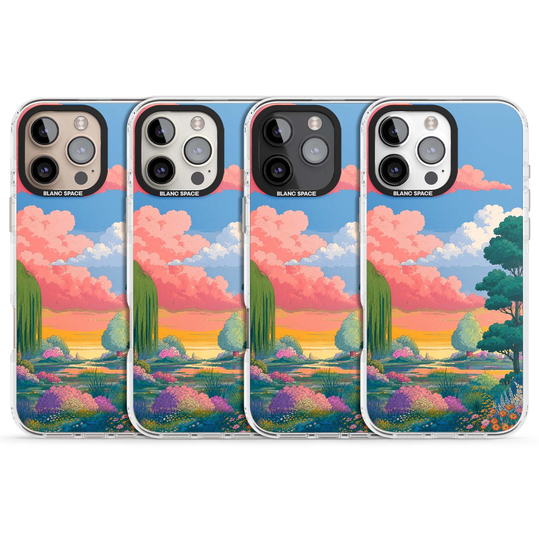 Dream Valley anime landscape iPhone case featuring pink sunset clouds, willow trees and wildflowers | Impact Magsafe case for iPhone 16 Pro, iPhone 16 Pro Max