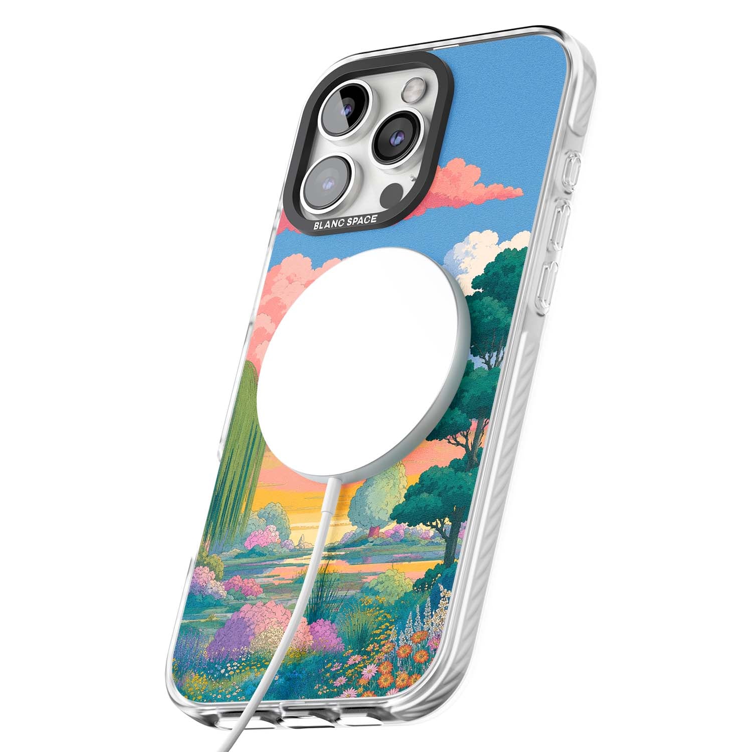 Dream Valley anime landscape iPhone case featuring pink sunset clouds, willow trees and wildflowers | Impact Magsafe case for iPhone 16 Pro, iPhone 16 Pro Max