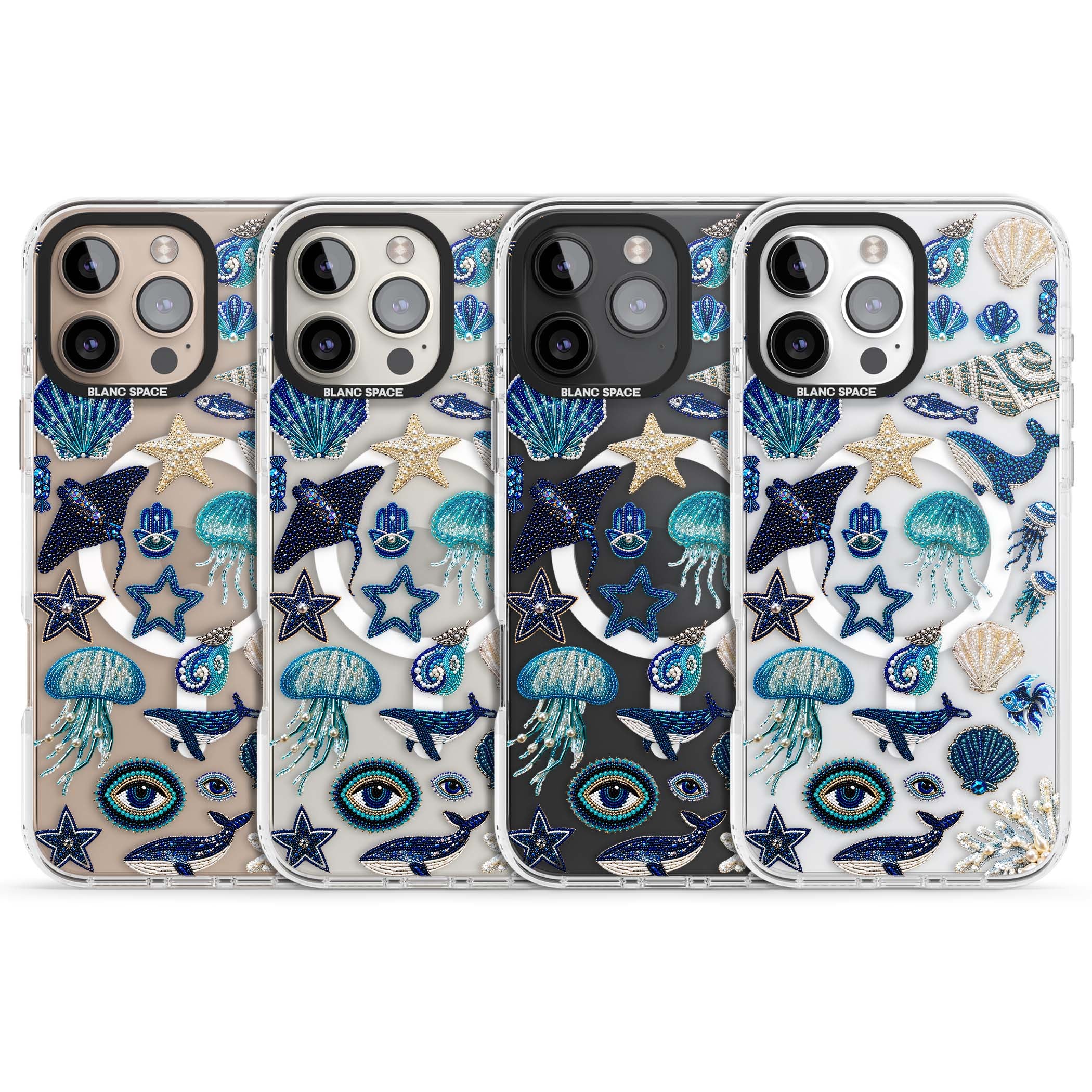 Beaded Coastal coastal iPhone case featuring embroidered seashells, jellyfish and a blue whale on clear | Impact Magsafe case for iPhone 16 Pro, iPhone 16 Pro Max
