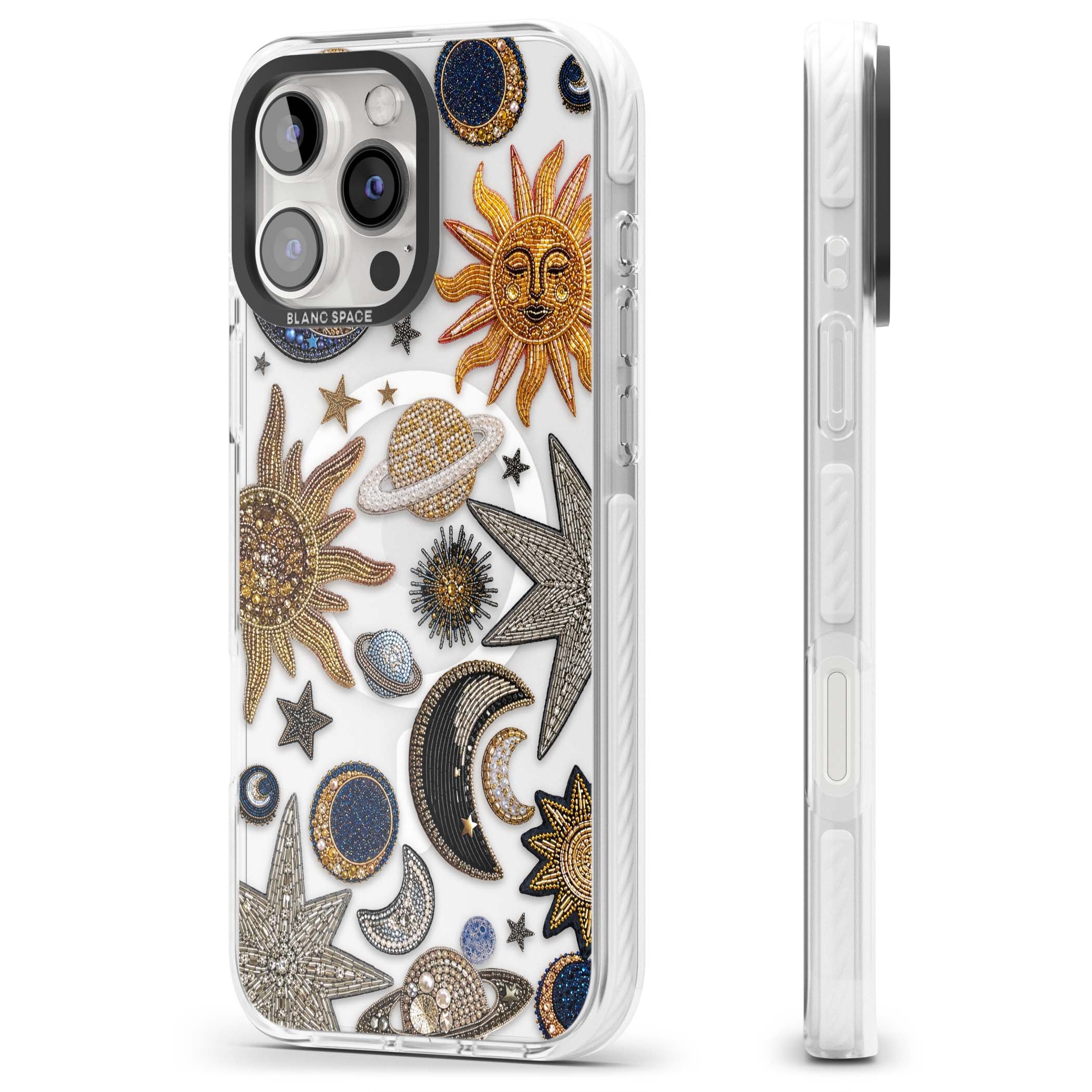 Beaded Cosmos celestial iPhone case featuring embroidered golden suns, beaded planets and silver shooting stars | Impact Magsafe case for iPhone 16 Pro, iPhone 16 Pro Max