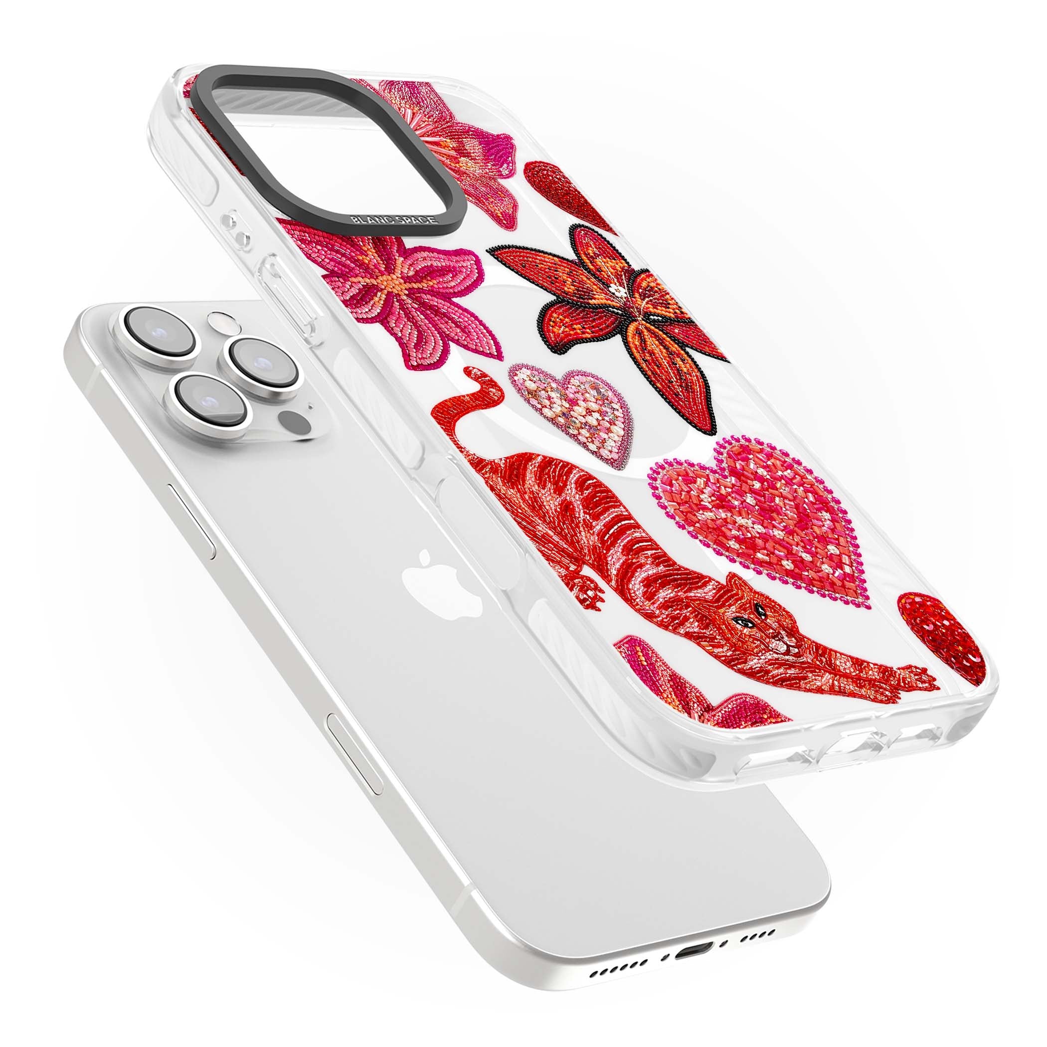 Beaded Boho floral iPhone case featuring beaded red lilies, a stitched tiger, and pearl-encrusted hearts on clear | Impact Magsafe case for iPhone 16 Pro, iPhone 16 Pro Max