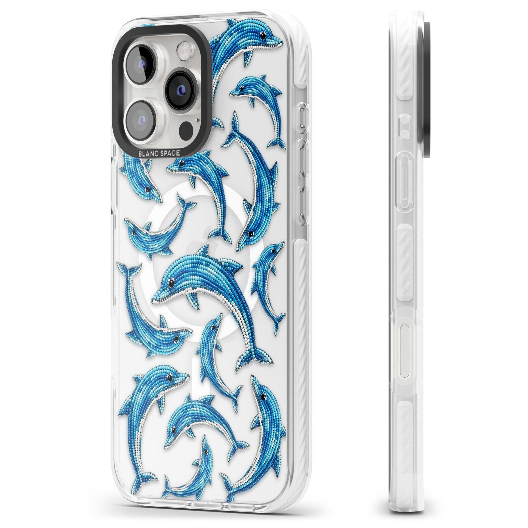 Beaded Dolphins coastal iPhone case featuring beaded dolphins in blue and white swimming across a clear background | Impact Magsafe case for iPhone 16 Pro, iPhone 16 Pro Max