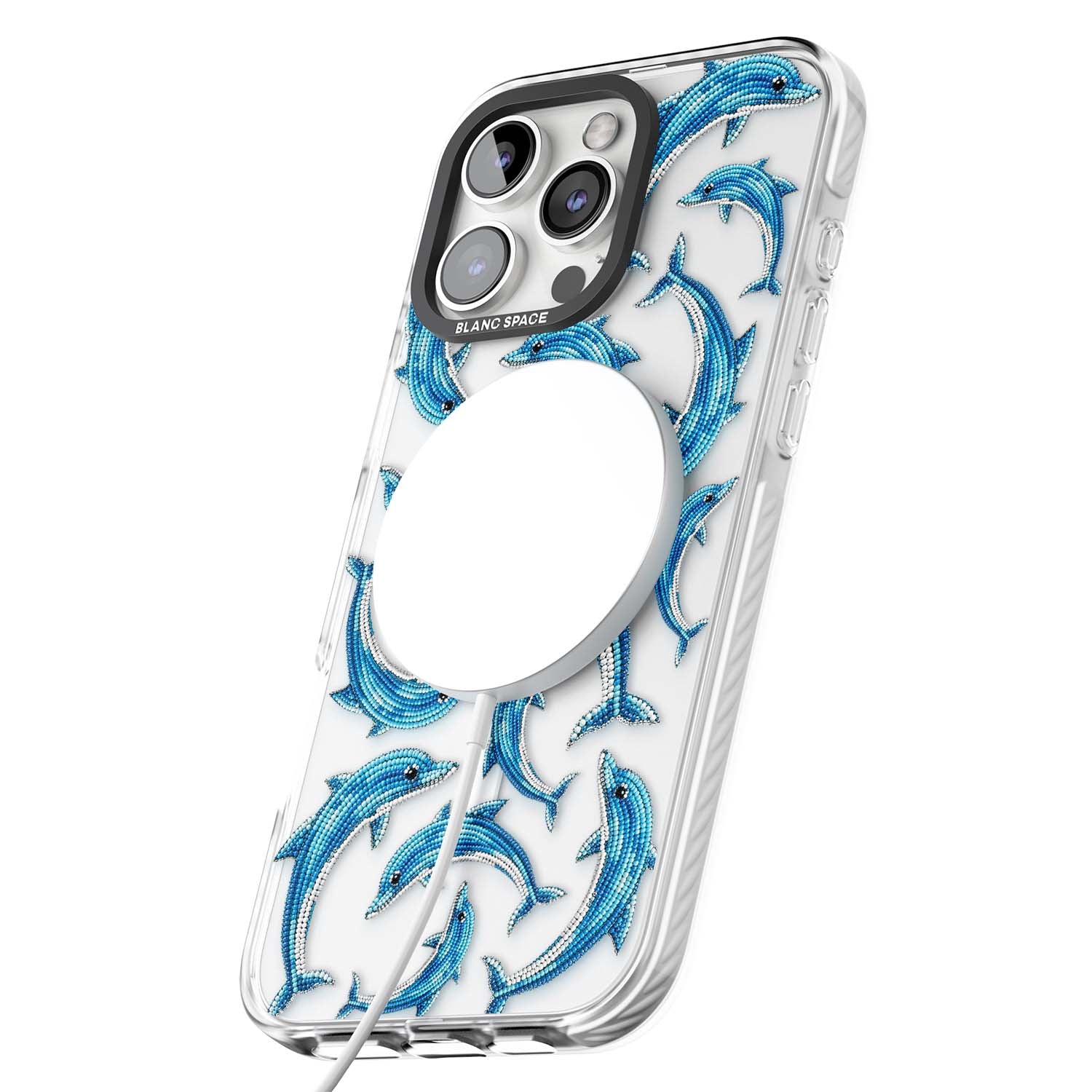 Beaded Dolphins coastal iPhone case featuring beaded dolphins in blue and white swimming across a clear background | Impact Magsafe case for iPhone 16 Pro, iPhone 16 Pro Max