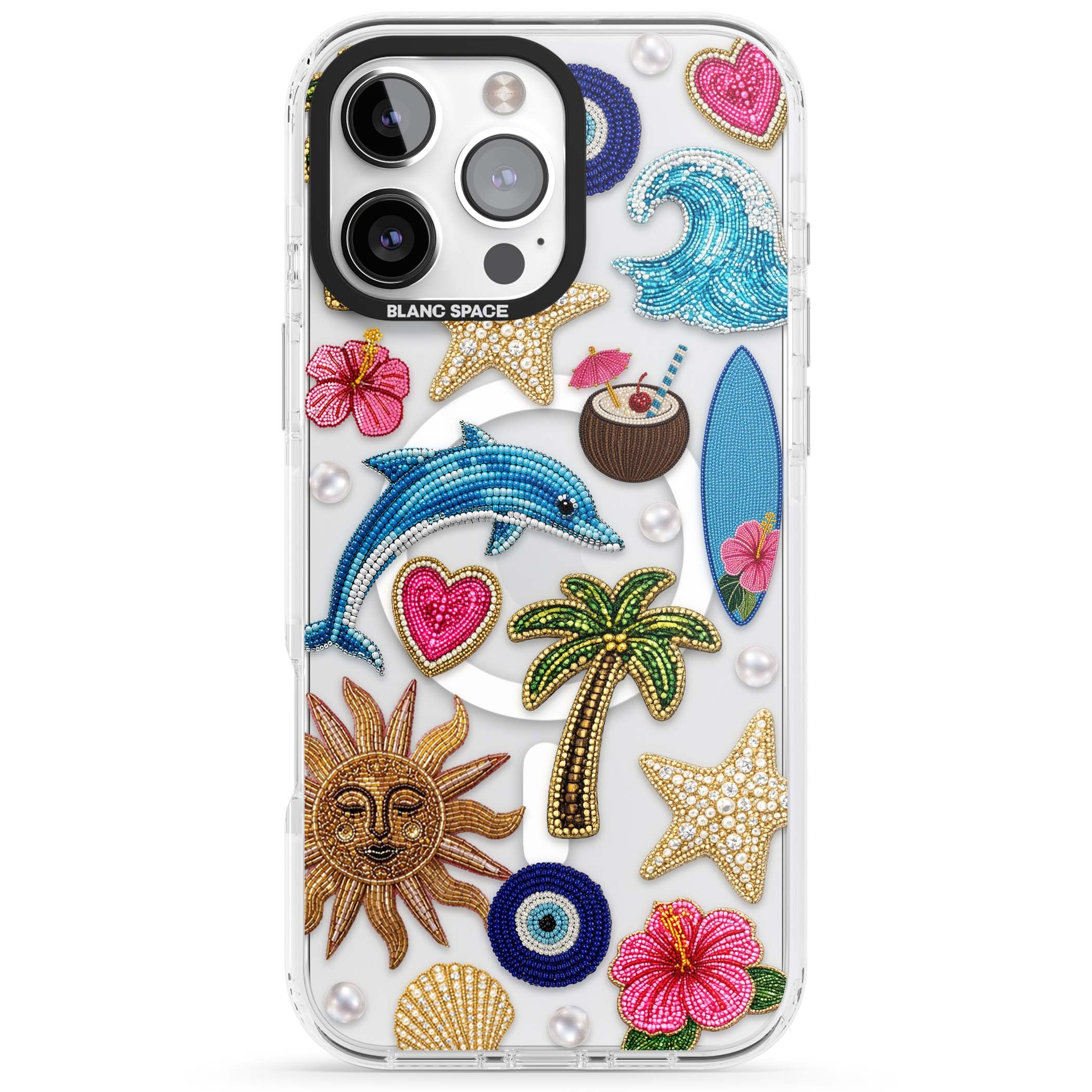 Beaded Beach coastal summer iPhone case featuring embroidered evil eye, hibiscus flowers, dolphin and palm tree patches | Impact Magsafe case for iPhone 16 Pro, iPhone 16 Pro Max