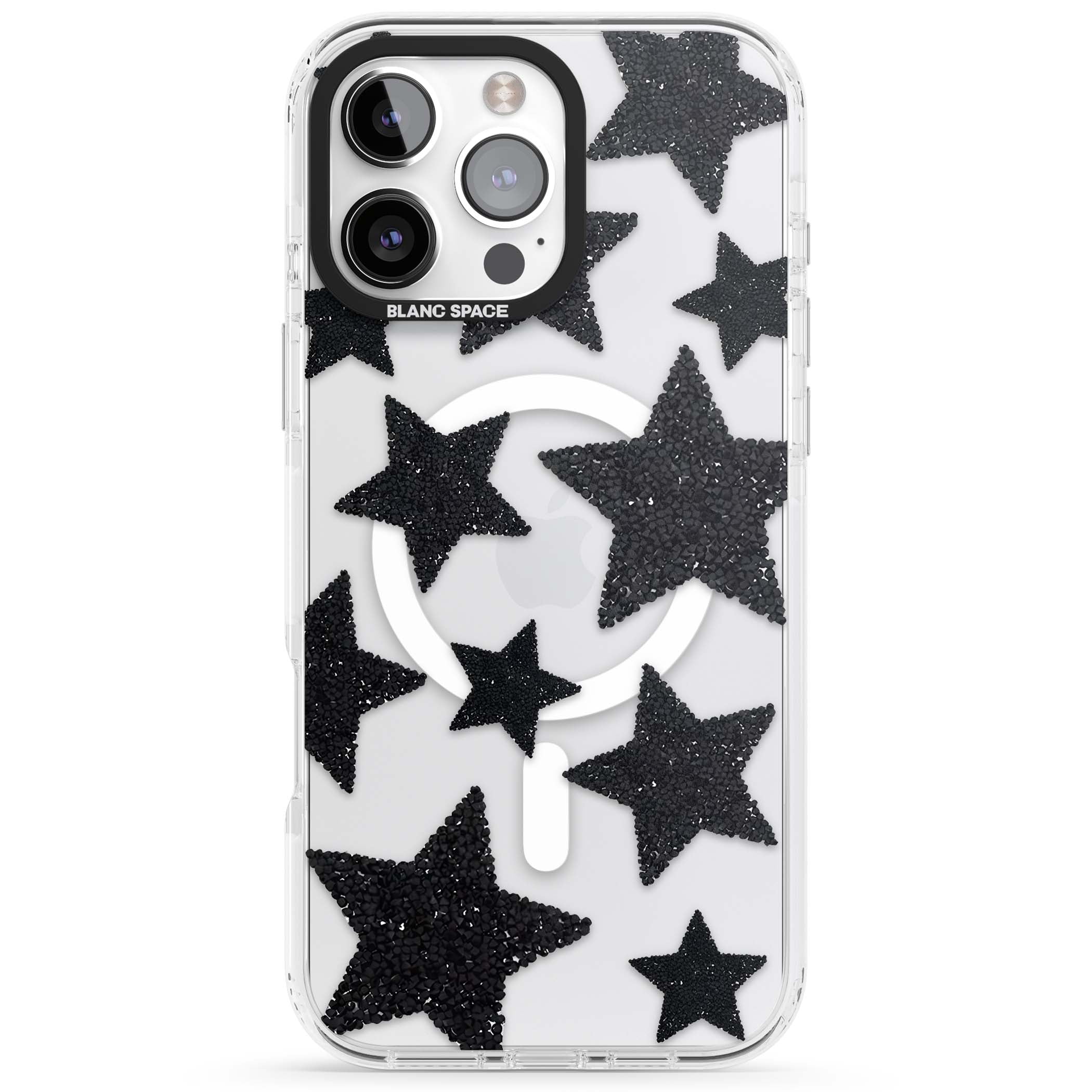 Beaded Black Stars celestial iPhone case featuring black glitter beaded stars scattered on a clear background | Impact Magsafe case for iPhone 16 Pro, iPhone 16 Pro Max