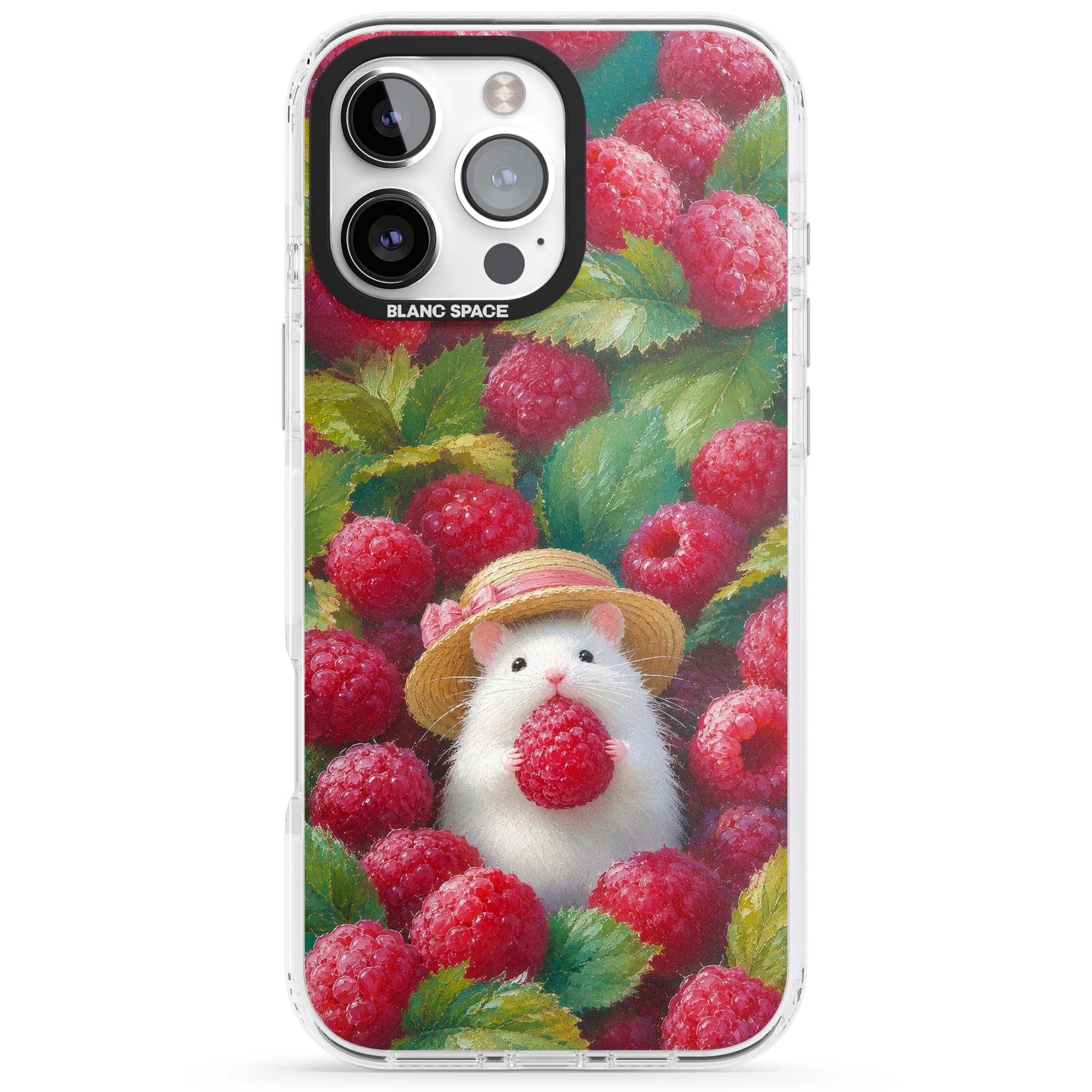 Berry Forager cottagecore iPhone case featuring a white hamster in a straw hat holding a raspberry surrounded by ripe ber | Impact Magsafe case for iPhone 16 Pro, iPhone 16 Pro Max