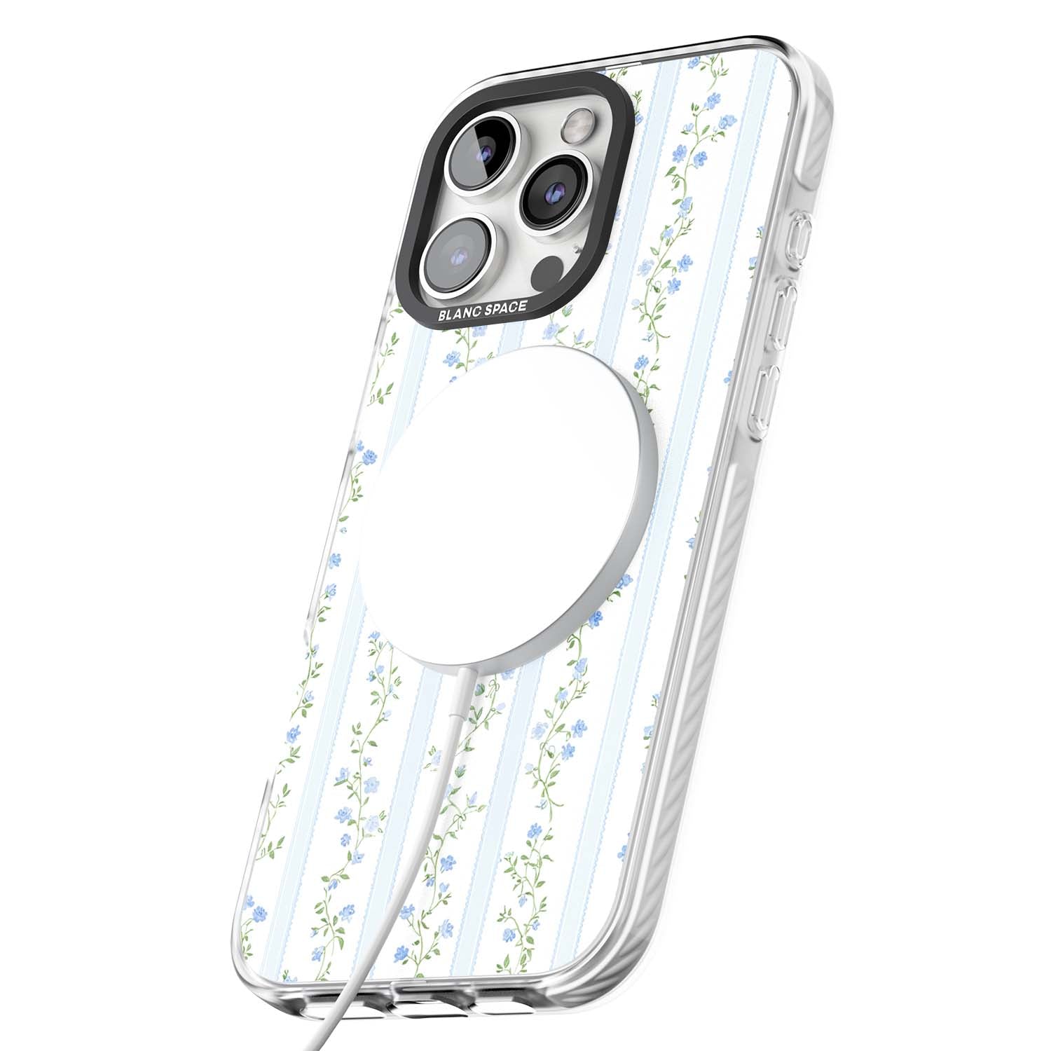 Bluebell Vine cottagecore iPhone case featuring climbing blue roses, trailing green vines, and pale ticking stripes | Impact Magsafe case for iPhone 16 Pro, iPhone 16 Pro Max