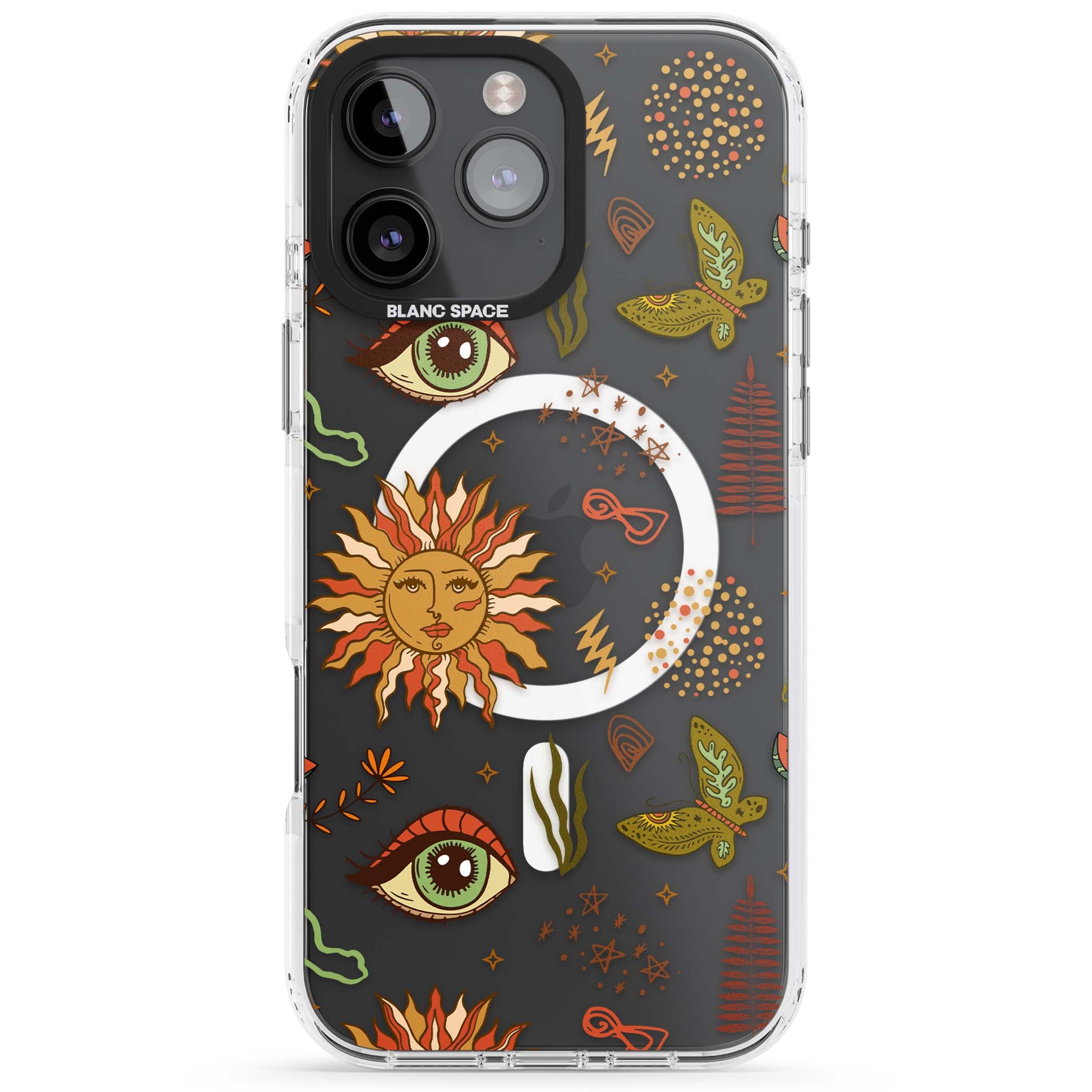 Elevate Your Phone'S Style With This Boho Celestial Sun & Eye Phone Case, Featuring A Mystical Blend Of Suns, All-Seeing Eyes, Butterflies, Stars, And
