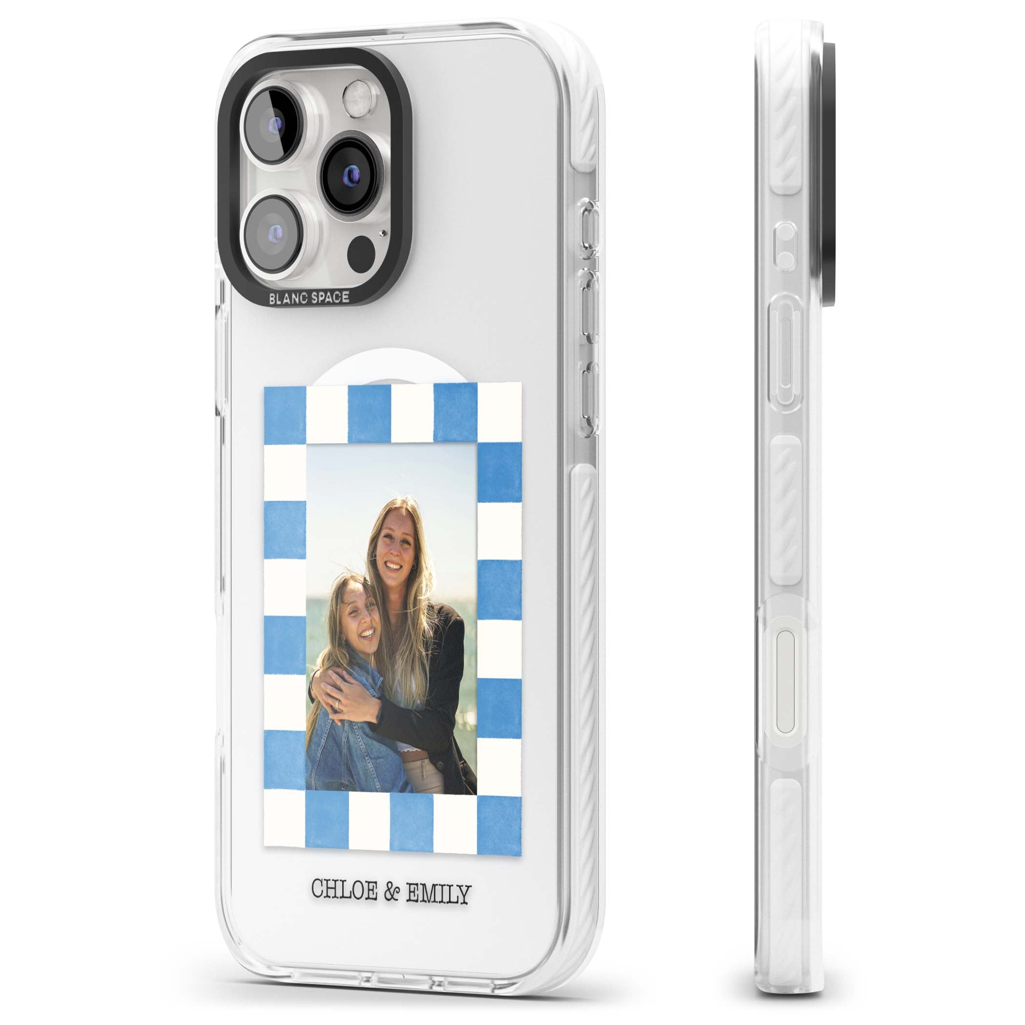 Blue Check Photo personalised photo iPhone case with blue checkered frame and custom couple names | Impact Magsafe case for iPhone 16 Pro, iPhone 16 Pro Max