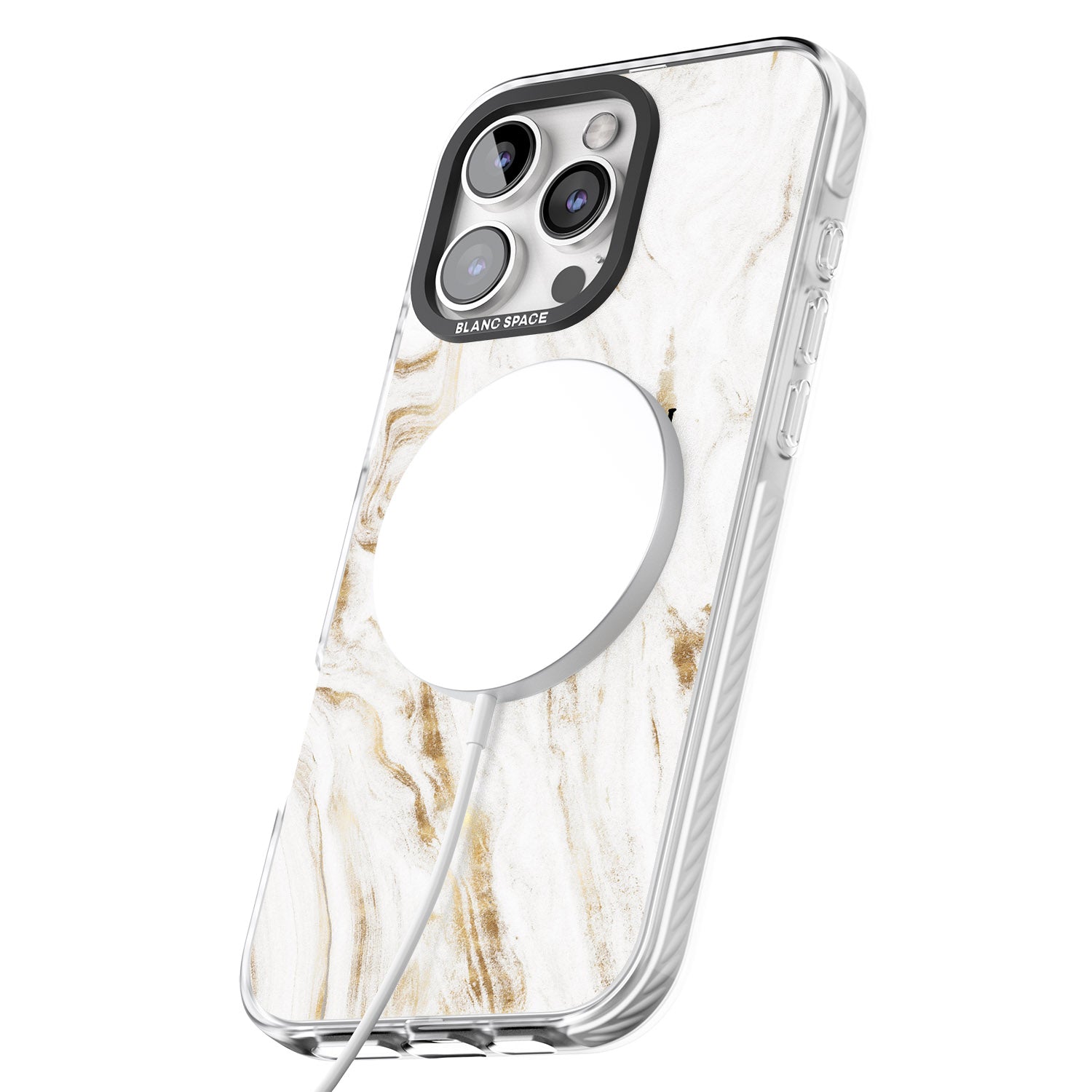 iPhone 16 Pro Max Personalised White & Gold Swirl Marble Black Impact Phone Case
