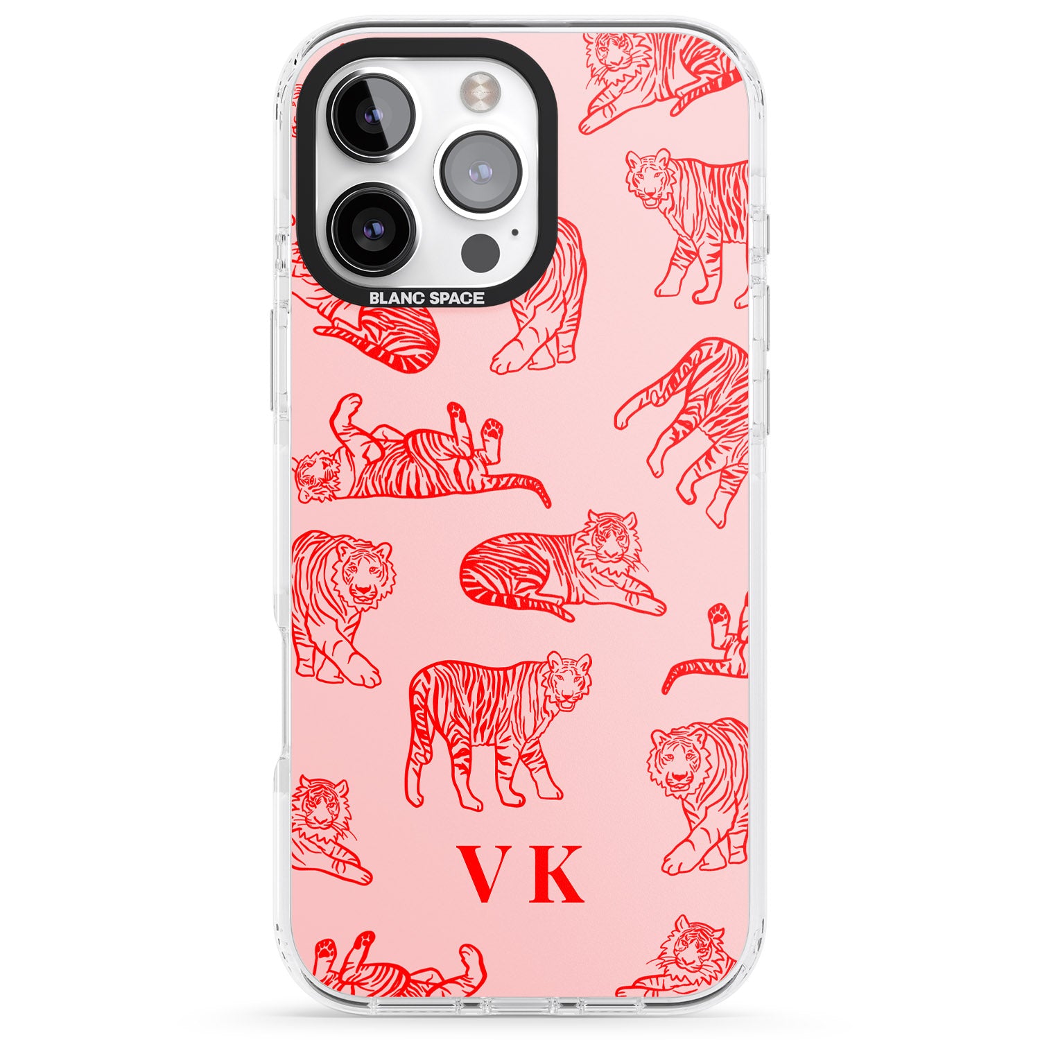 iPhone 16 Pro Max Personalised Red Tiger Outlines on Pink Black Impact Phone Case