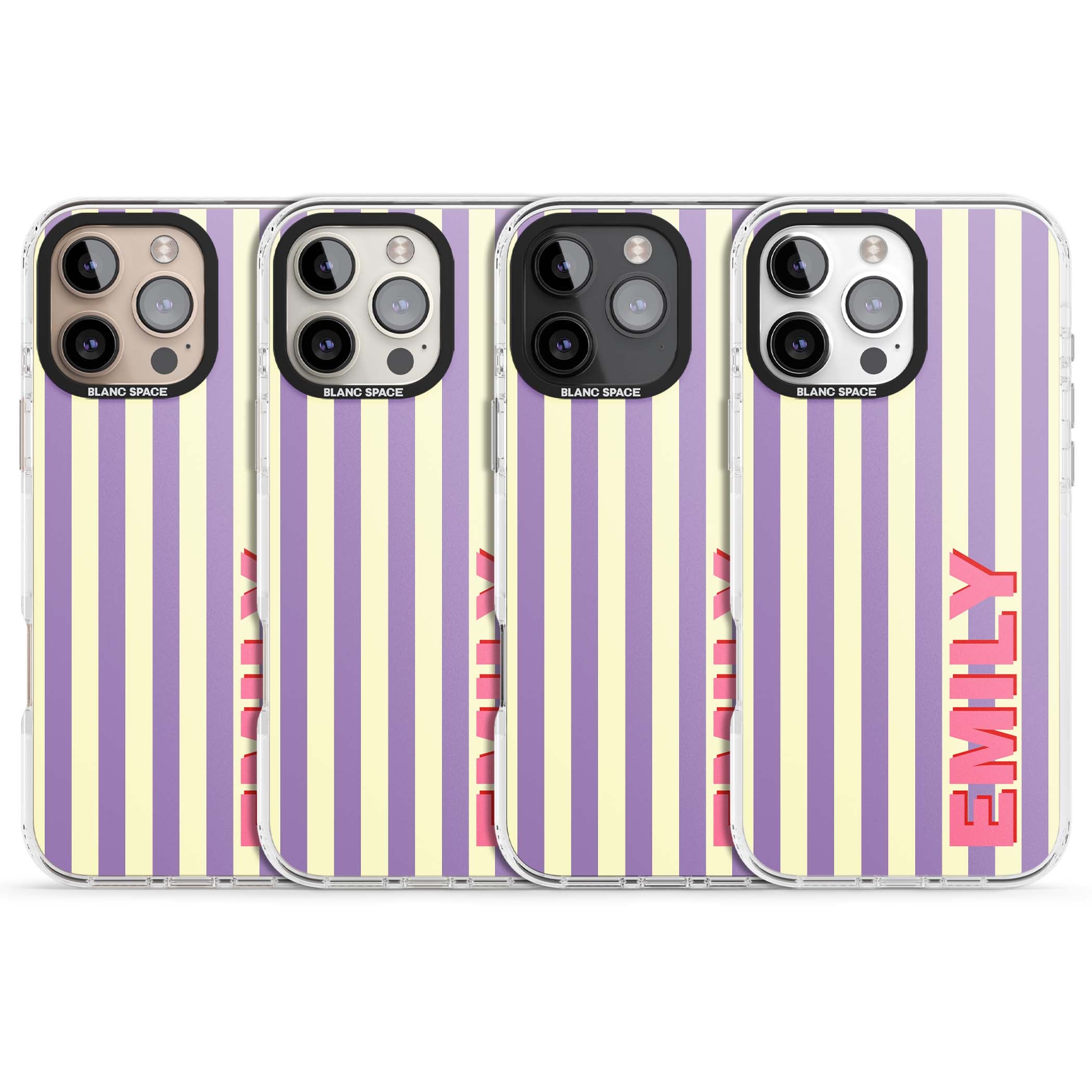 Valensole Stripe personalised iPhone case with purple and cream vertical stripes and pink custom name | Impact Magsafe case for iPhone 16 Pro, iPhone 16 Pro Max