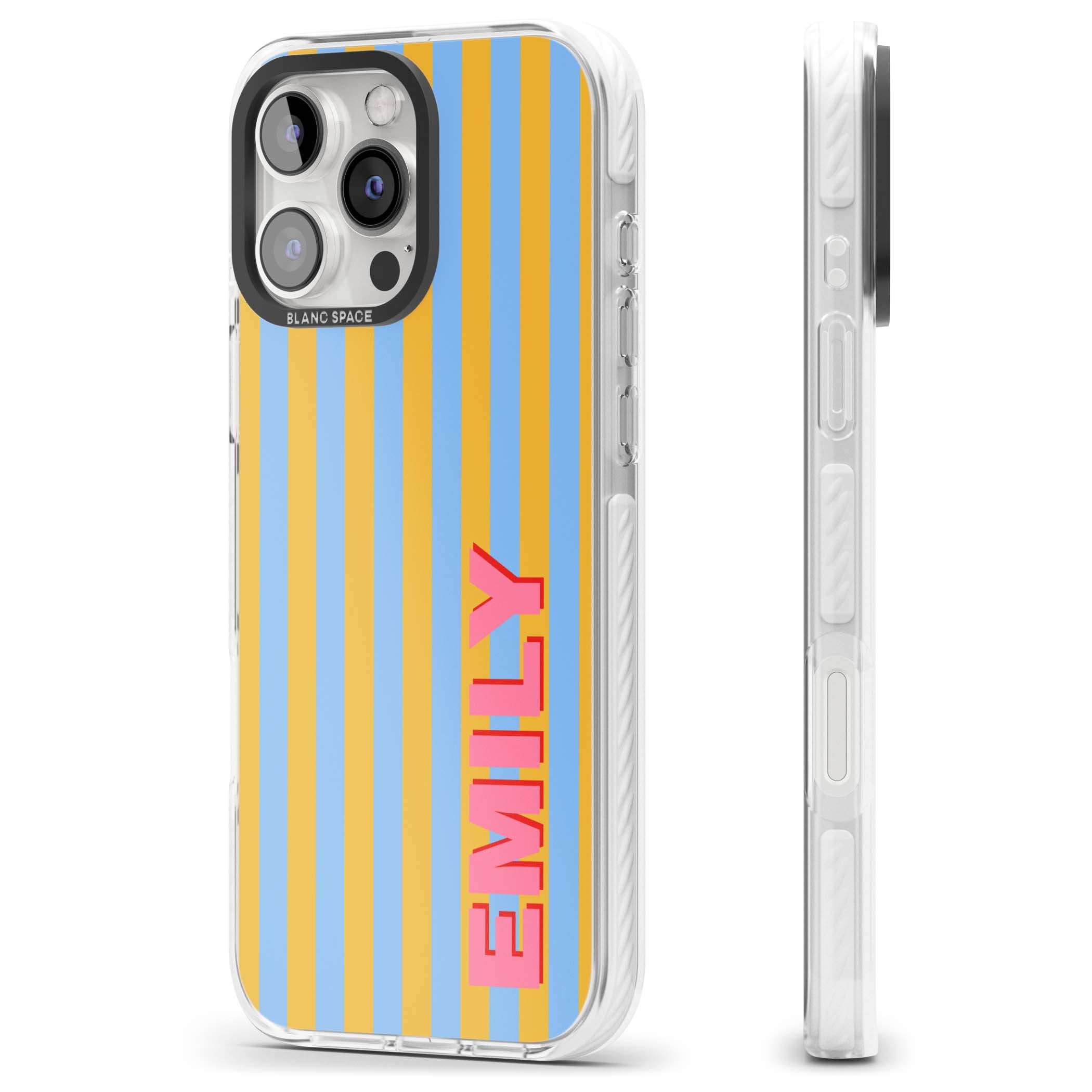 Carribean Stripe personalised coastal iPhone case with yellow and blue vertical stripes and a custom pink name | Impact Magsafe case for iPhone 16 Pro, iPhone 16 Pro Max