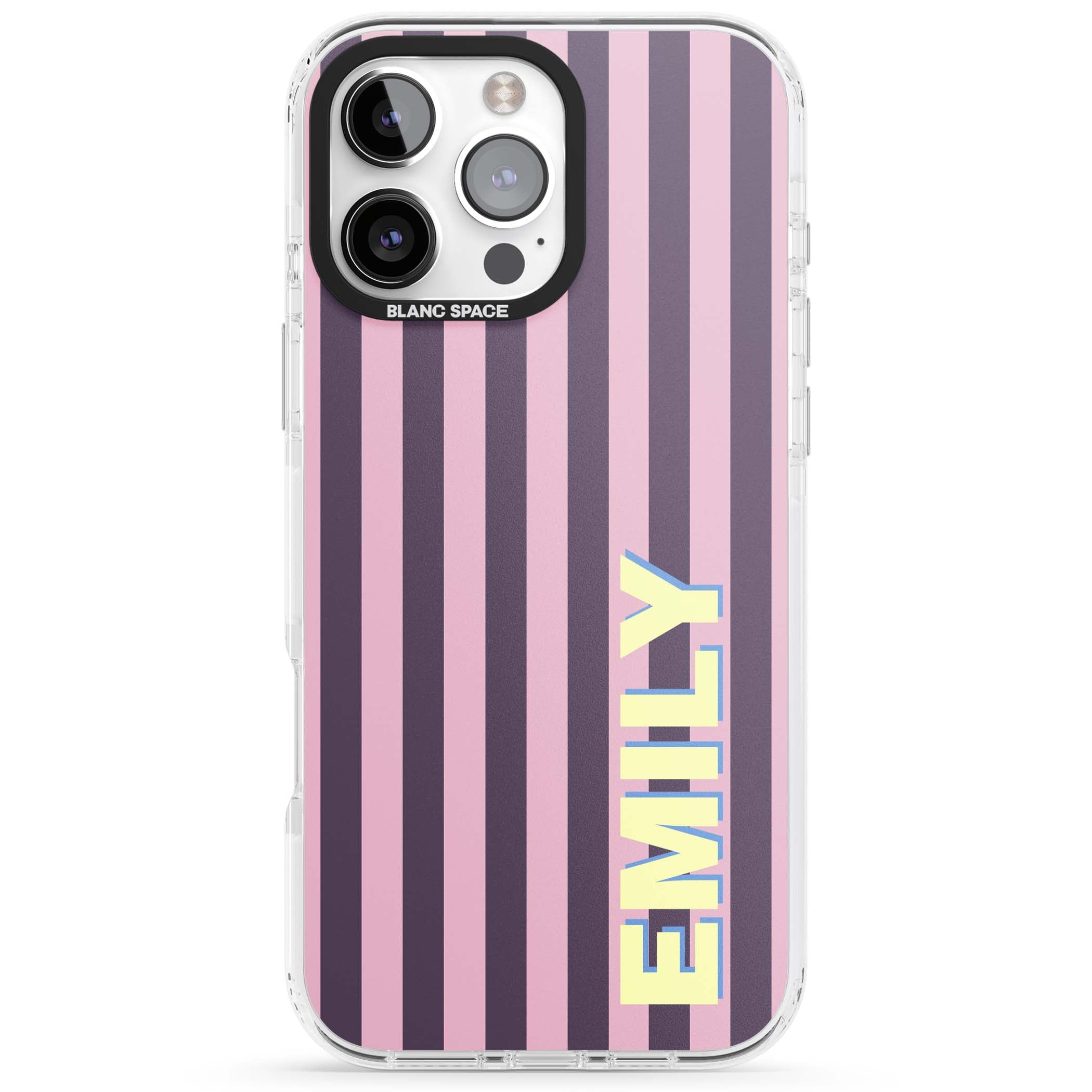 Tyre Stripe personalised stripe iPhone case with plum and pink vertical stripes and custom yellow name | Impact Magsafe case for iPhone 16 Pro, iPhone 16 Pro Max