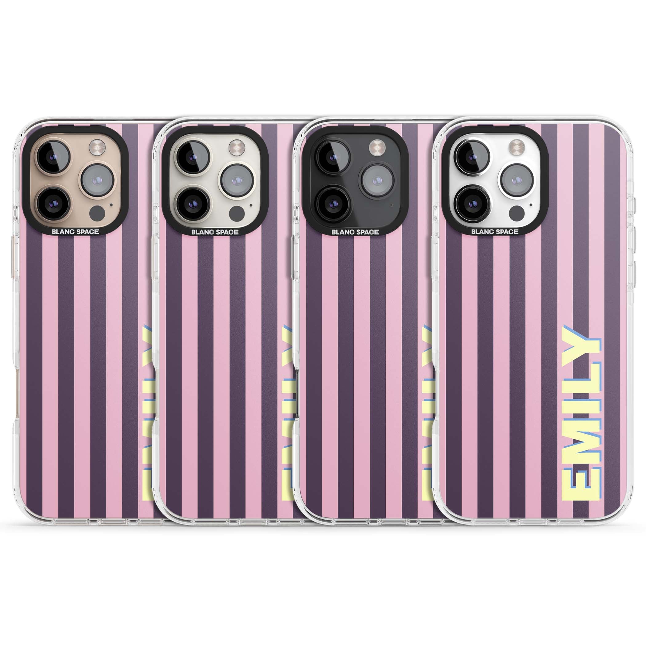 Tyre Stripe personalised stripe iPhone case with plum and pink vertical stripes and custom yellow name | Impact Magsafe case for iPhone 16 Pro, iPhone 16 Pro Max